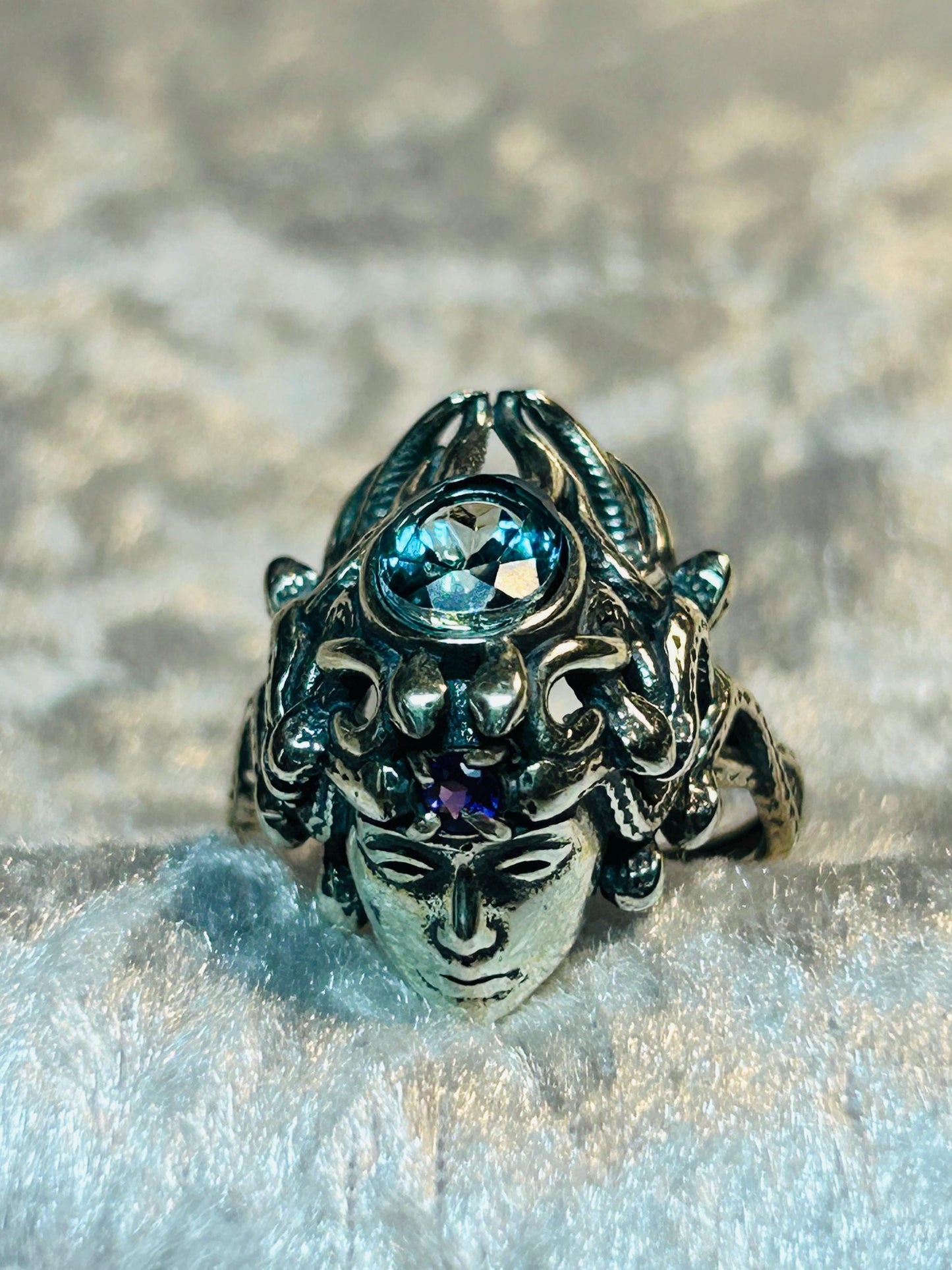 Mythical Medusa Ring with Blue Topaz & Amethyst Gemstones • 925 Sterling Silver • Adjustable • Gift box