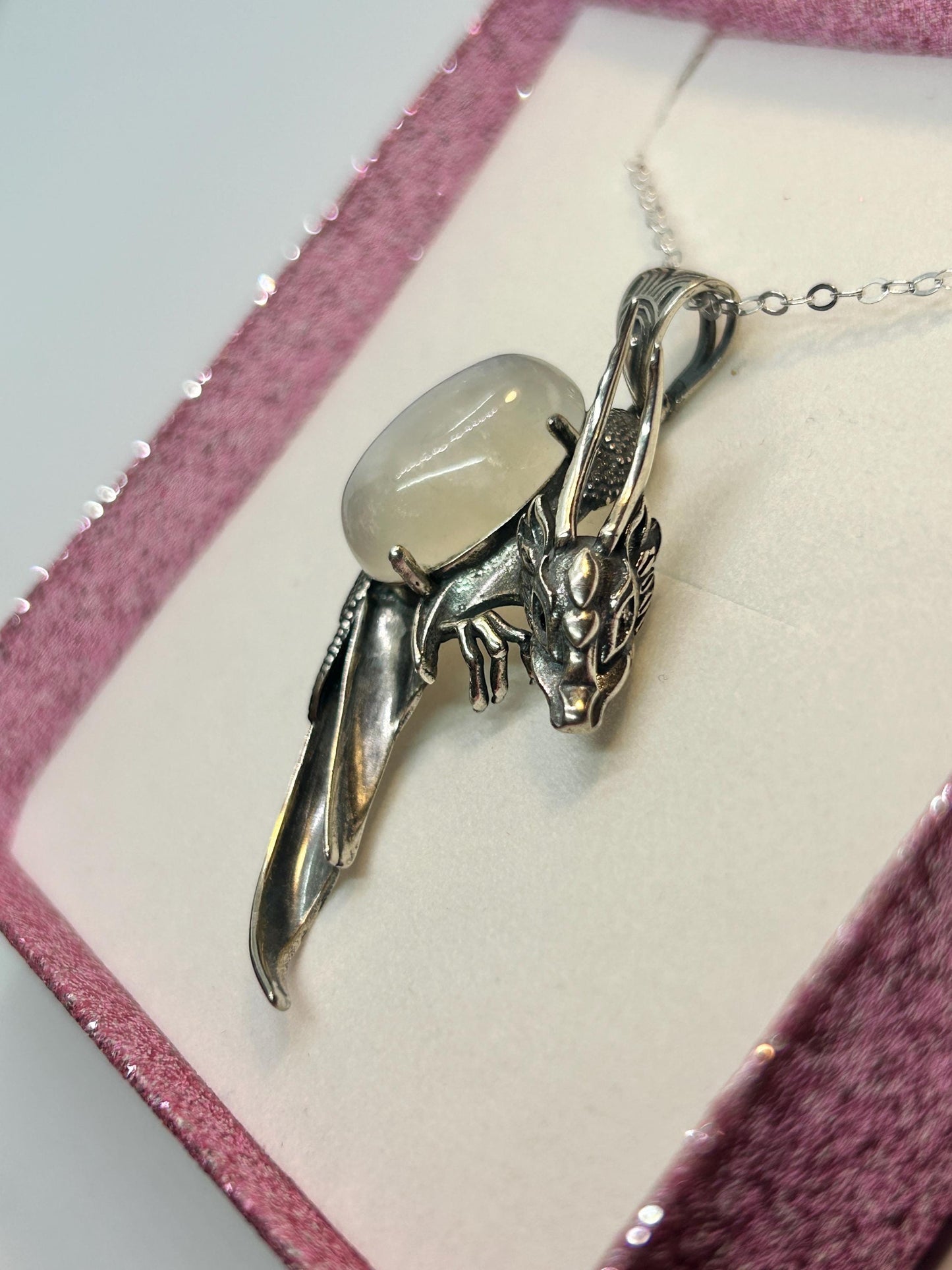 Dragon Pendant with Moonstone Gemstone • 925 Sterling Silver • Gift box