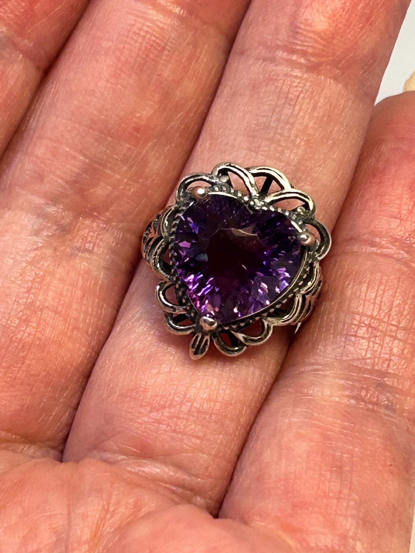 Ornate Heart Ring with Faceted Amethyst Gemstone • 925 Sterling Silver • Adjustable • Gift Box