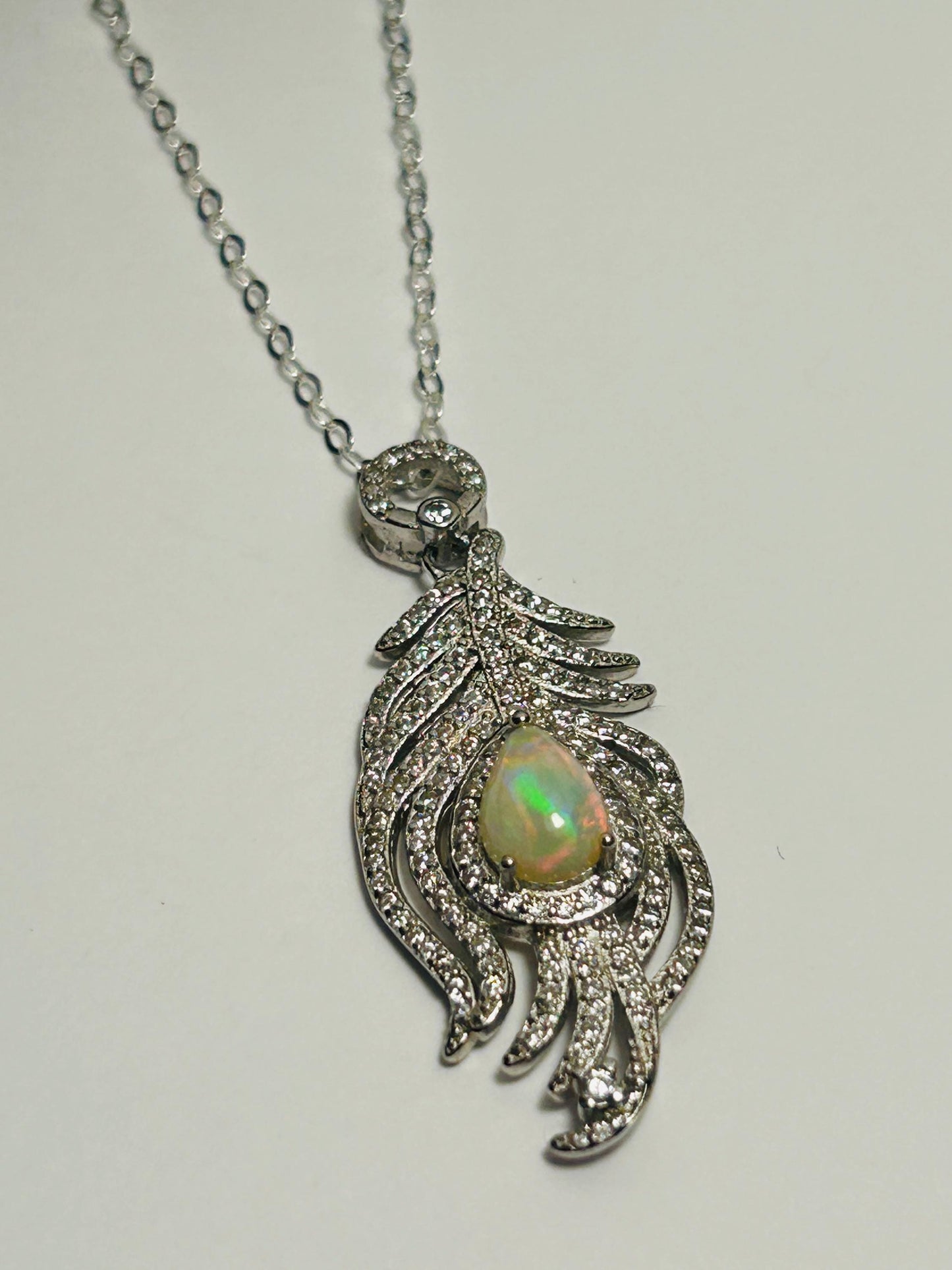 Sterling Silver Peacock Feather Pendant: Rainbow Opal & CZ Necklace