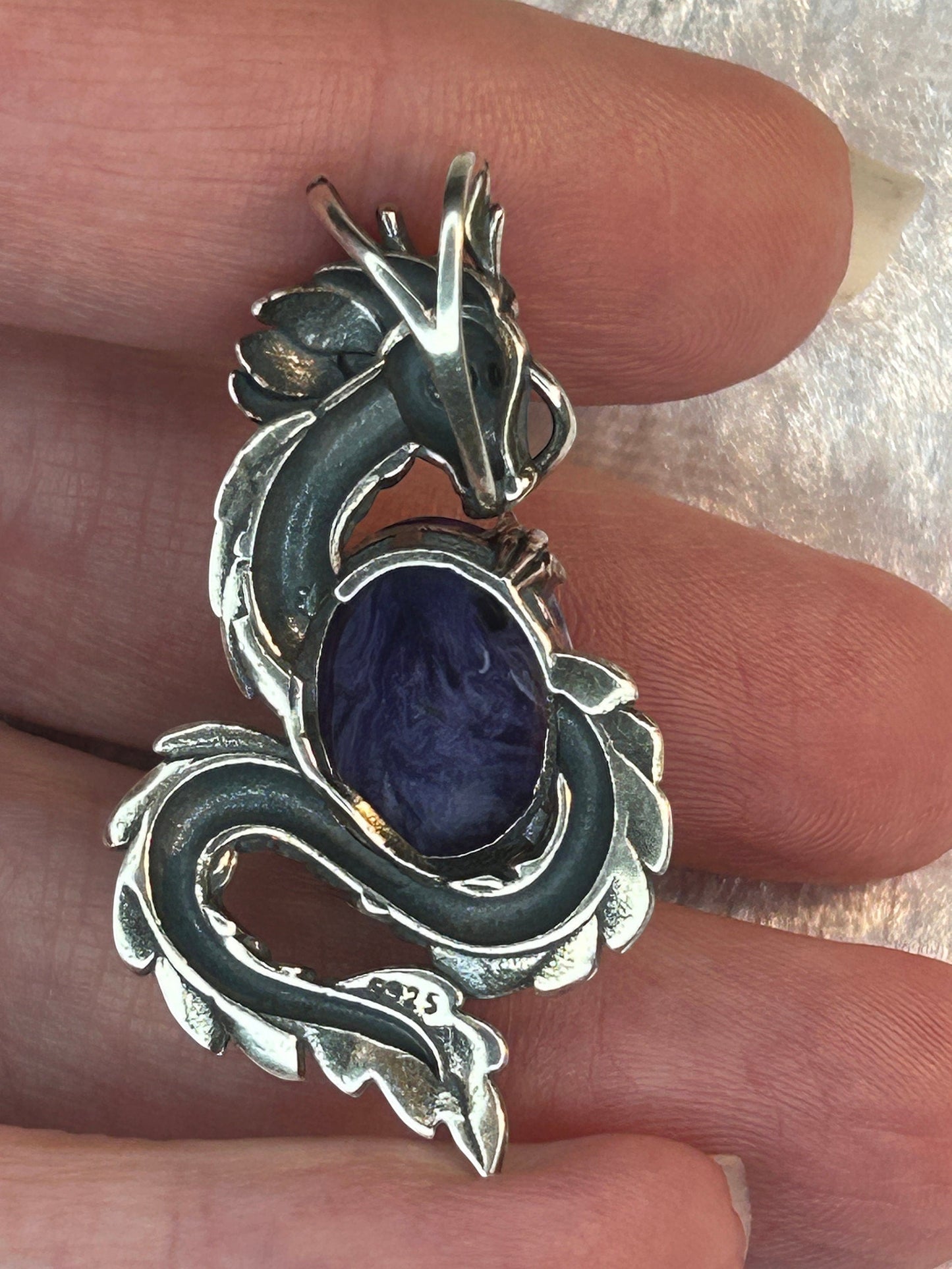 Dragon Pendant with Charoite Gemstone • 925 Sterling Silver • Gift Box