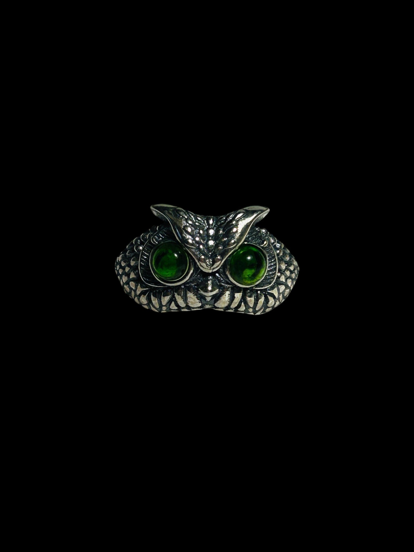 Chunky Owl Ring with Green Diopside Gemstones • 925 Sterling Silver • Adjustable • Gift Box