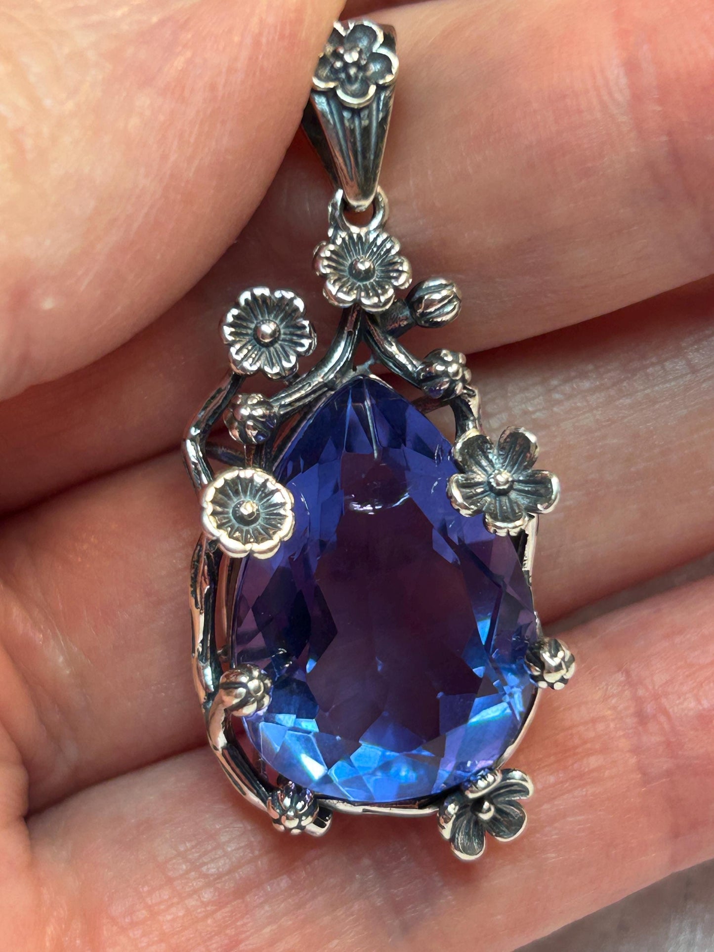 Chunky Floral Pendant with Blue Fluorite Gemstone • 925 Sterling Silver • Gift Box