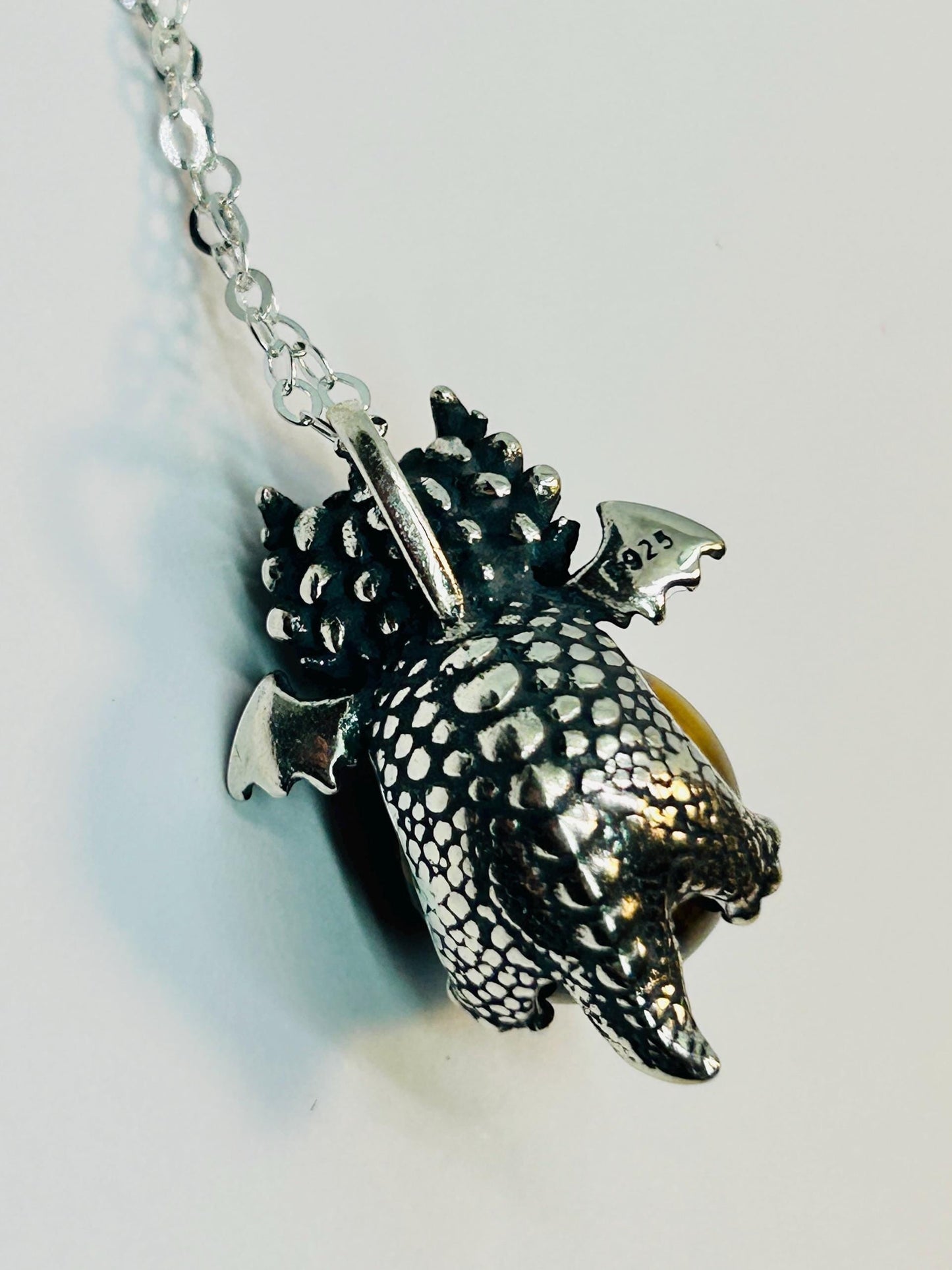 Baby Dragon Pendant with Tigers Eye Gemstone • 925 Sterling Silver • Gift box