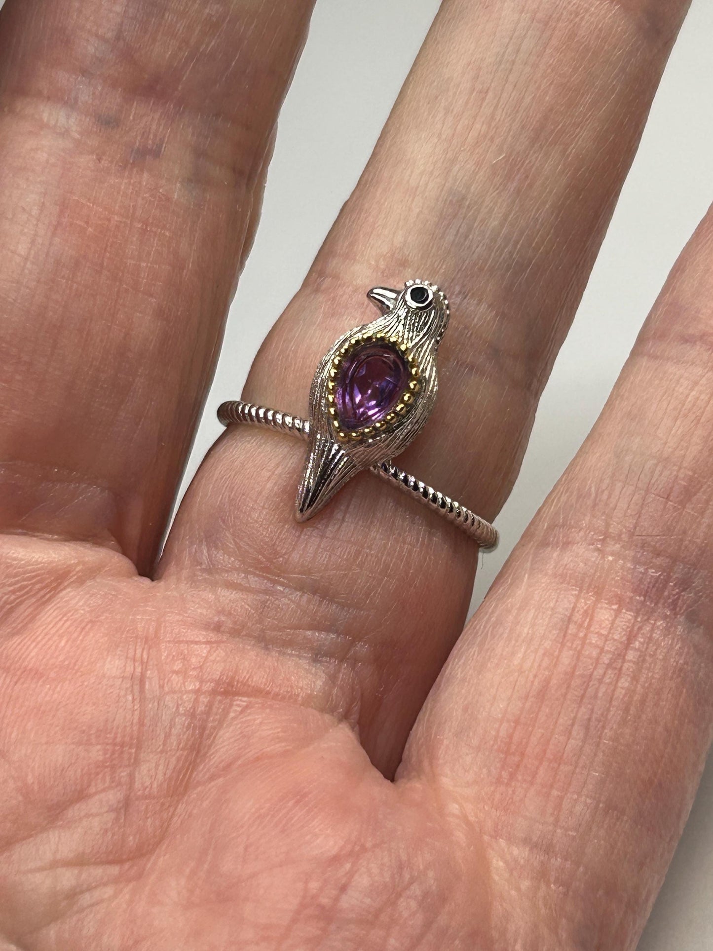 Dainty Bird Ring With Amethyst Gemstone • 925 Sterling Silver • Adjustable with Gift Box