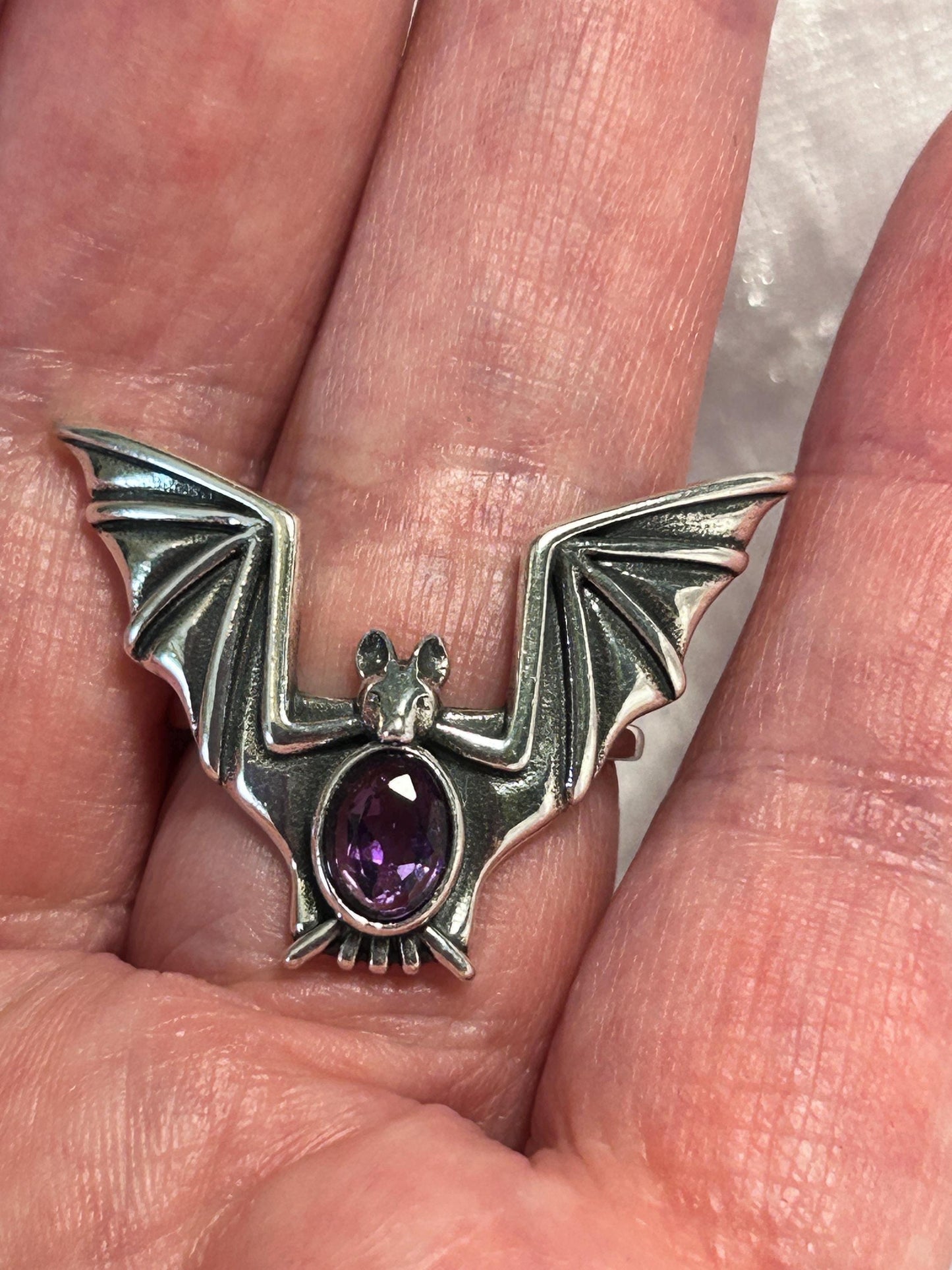 Large Gothic Bat Ring with Faceted Amethyst Gemstone • 925 Sterling Silver • Adjustable • Gift Box