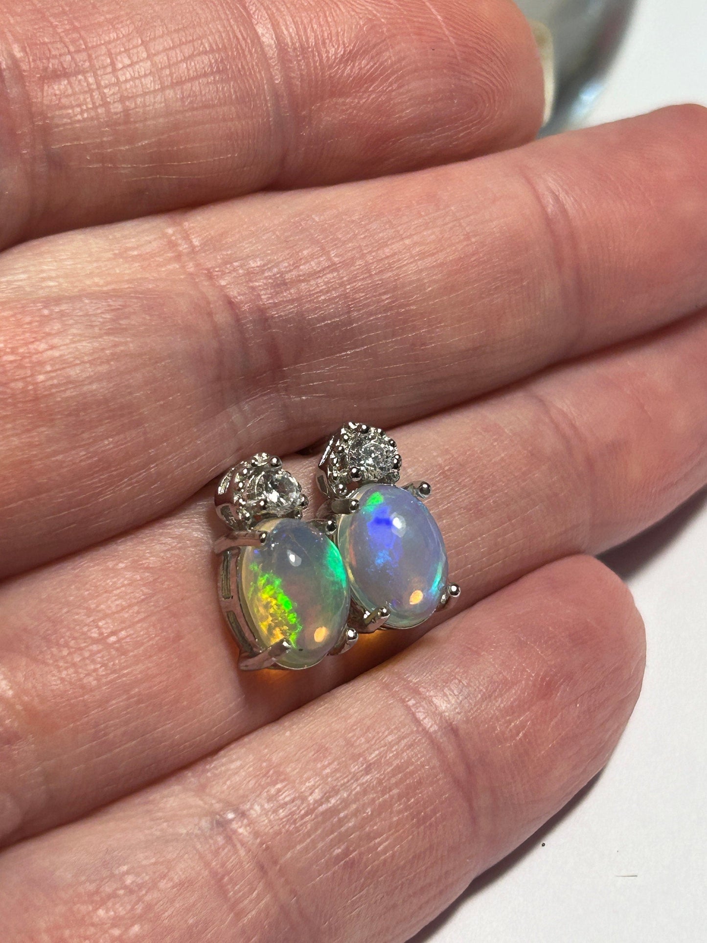 Rainbow Opal Stud Earrings with CZ Accents • 925 Sterling Silver • Gift Box