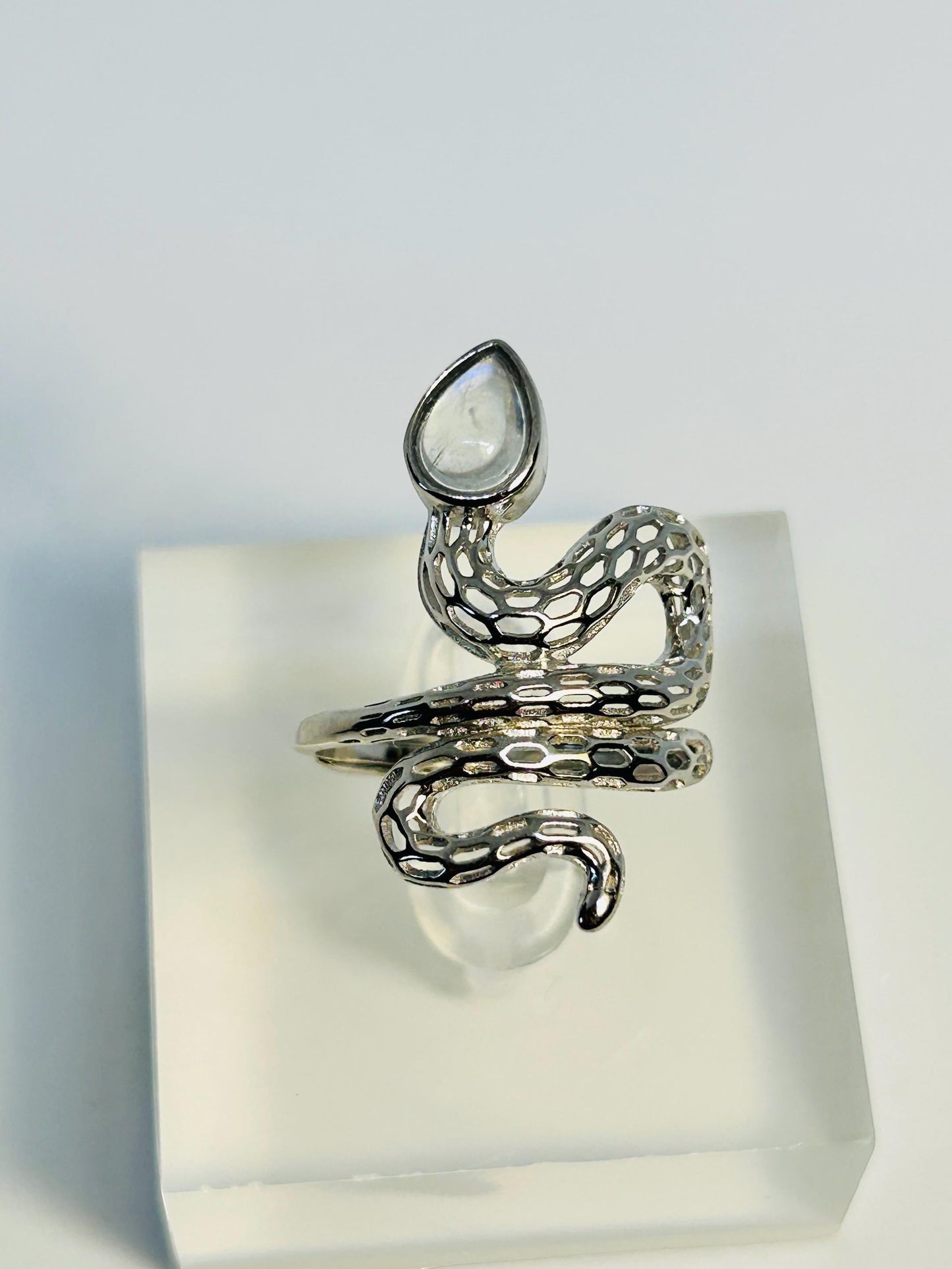Snake Ring with Moonstone Gemstone • 925 Sterling Silver • Adjustable • Gift Box