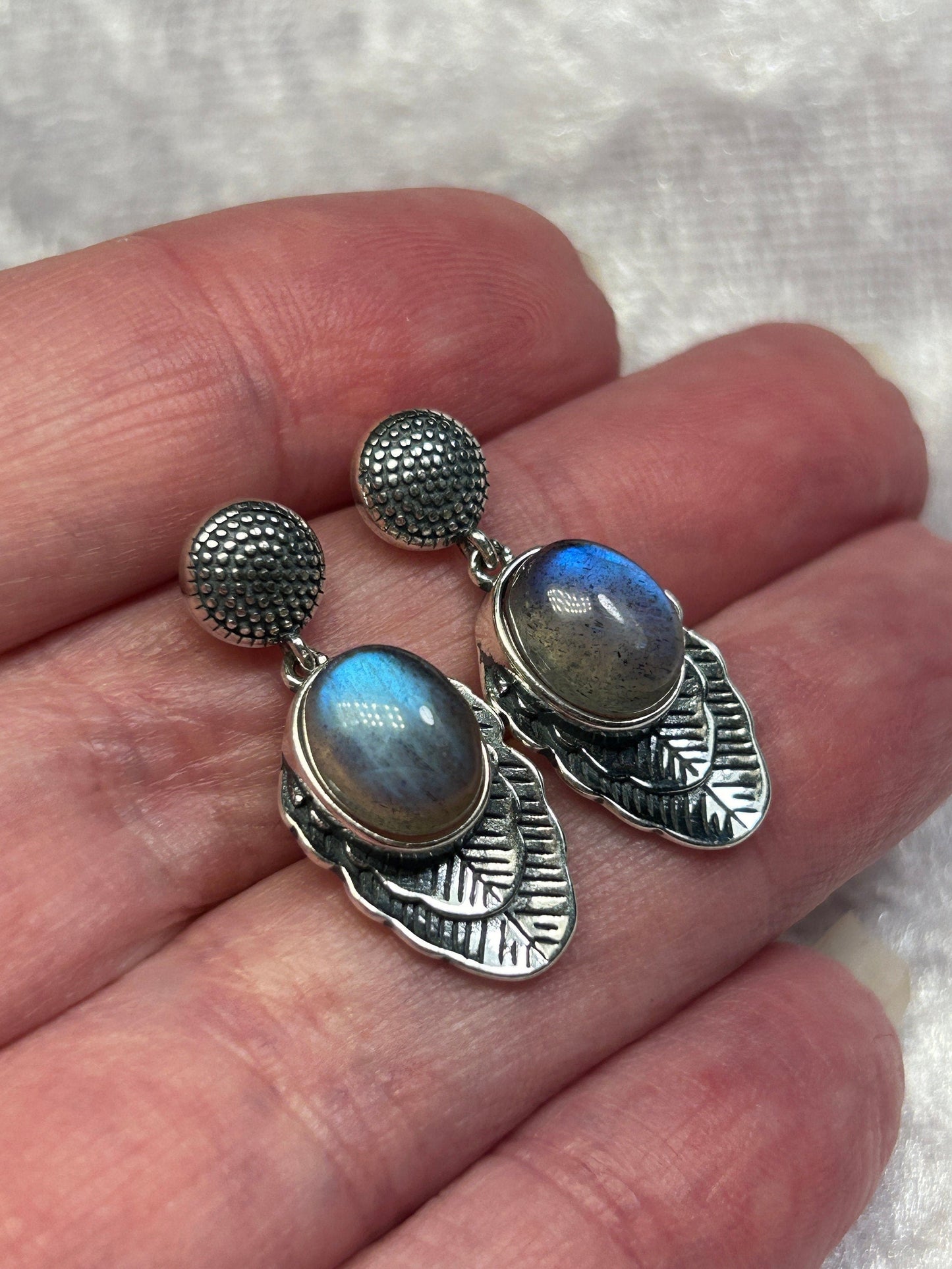 Leaf Earrings with Labradorite Gemstones • 925 Sterling Silver • Gift Box