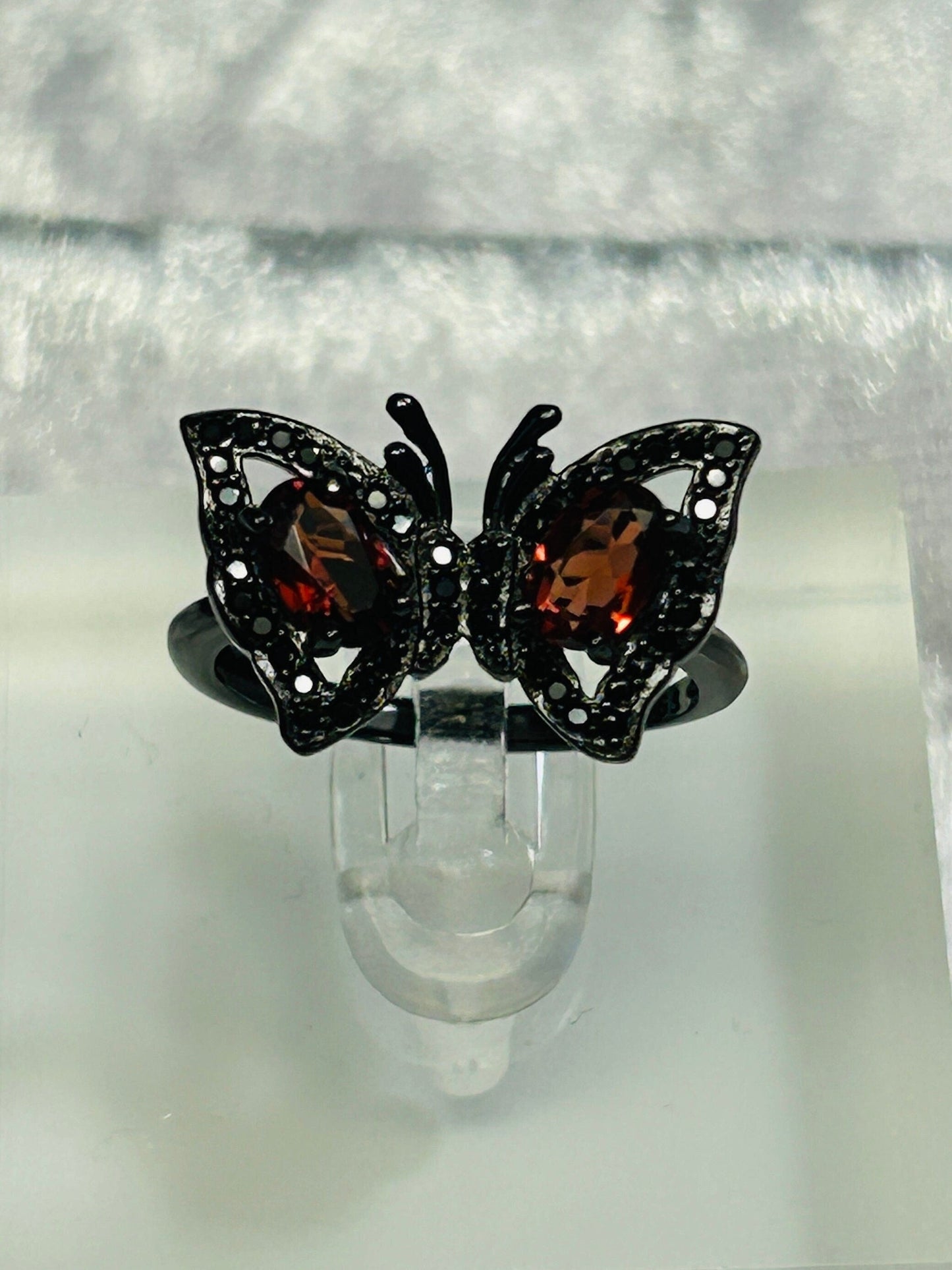 Black Butterfly Ring with Garnet Gemstones • 925 Sterling Silver • Black Ruthenium • Adjustable • Gift Box