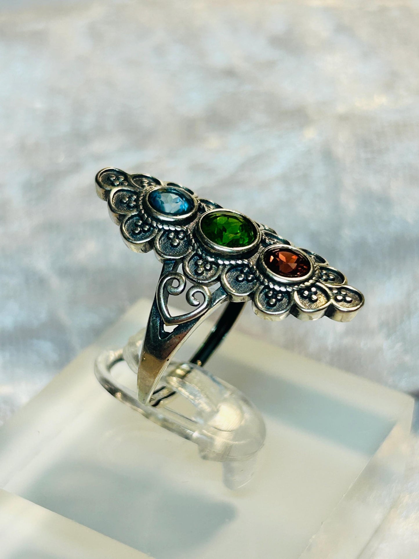 Ornate Triple Gemstone Ring with Garnet, Diopside & Topaz • 925 Sterling Silver • Adjustable • Gift Box