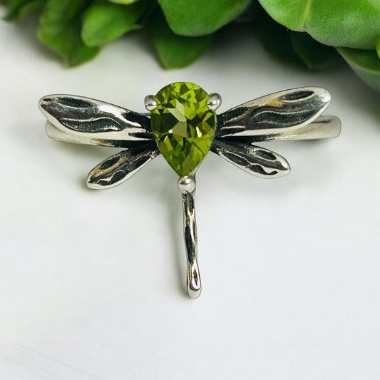 Sterling Silver Peridot Ring - Dragonfly Design - 925 - Adjustable - Gift Boxed