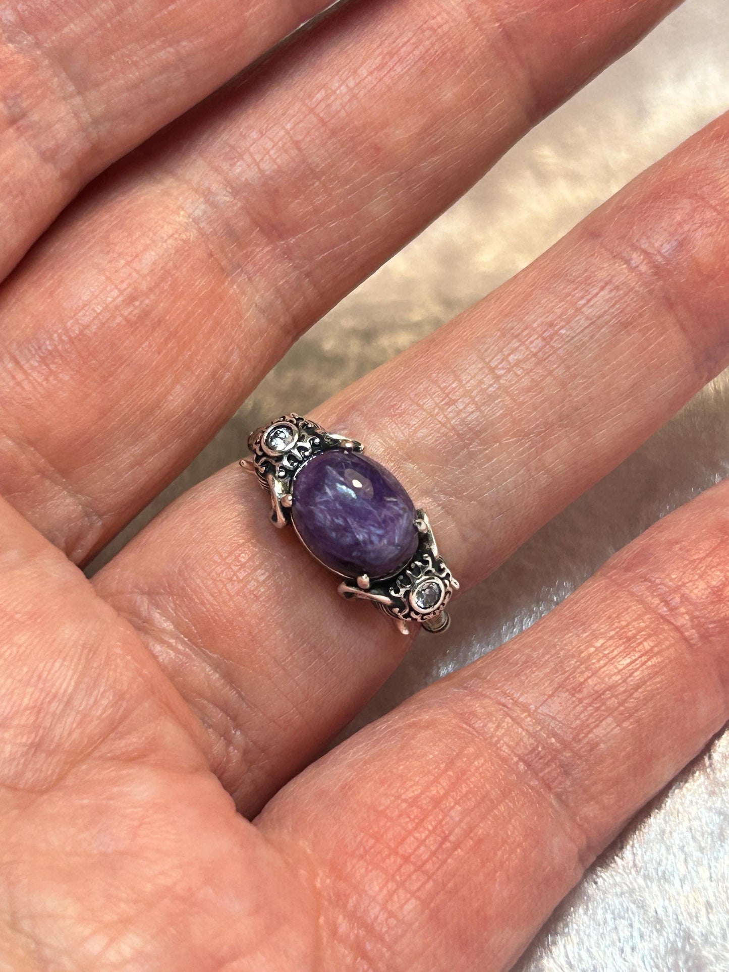 Elephant Ring with Charoite Gemstone • 925 Sterling Silver • Adjustable • Gift Box