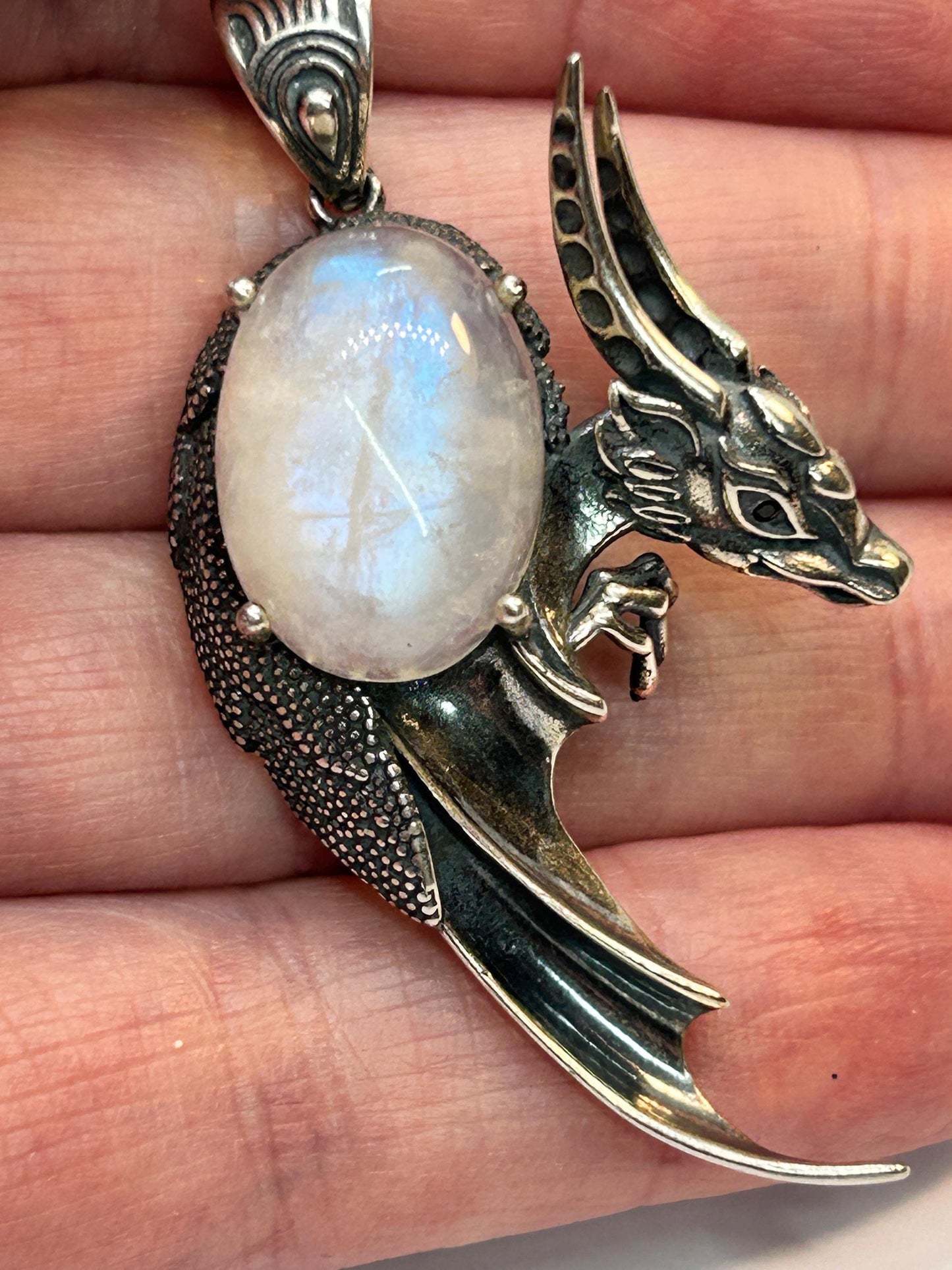 Dragon Pendant with Moonstone Gemstone • 925 Sterling Silver • Gift box