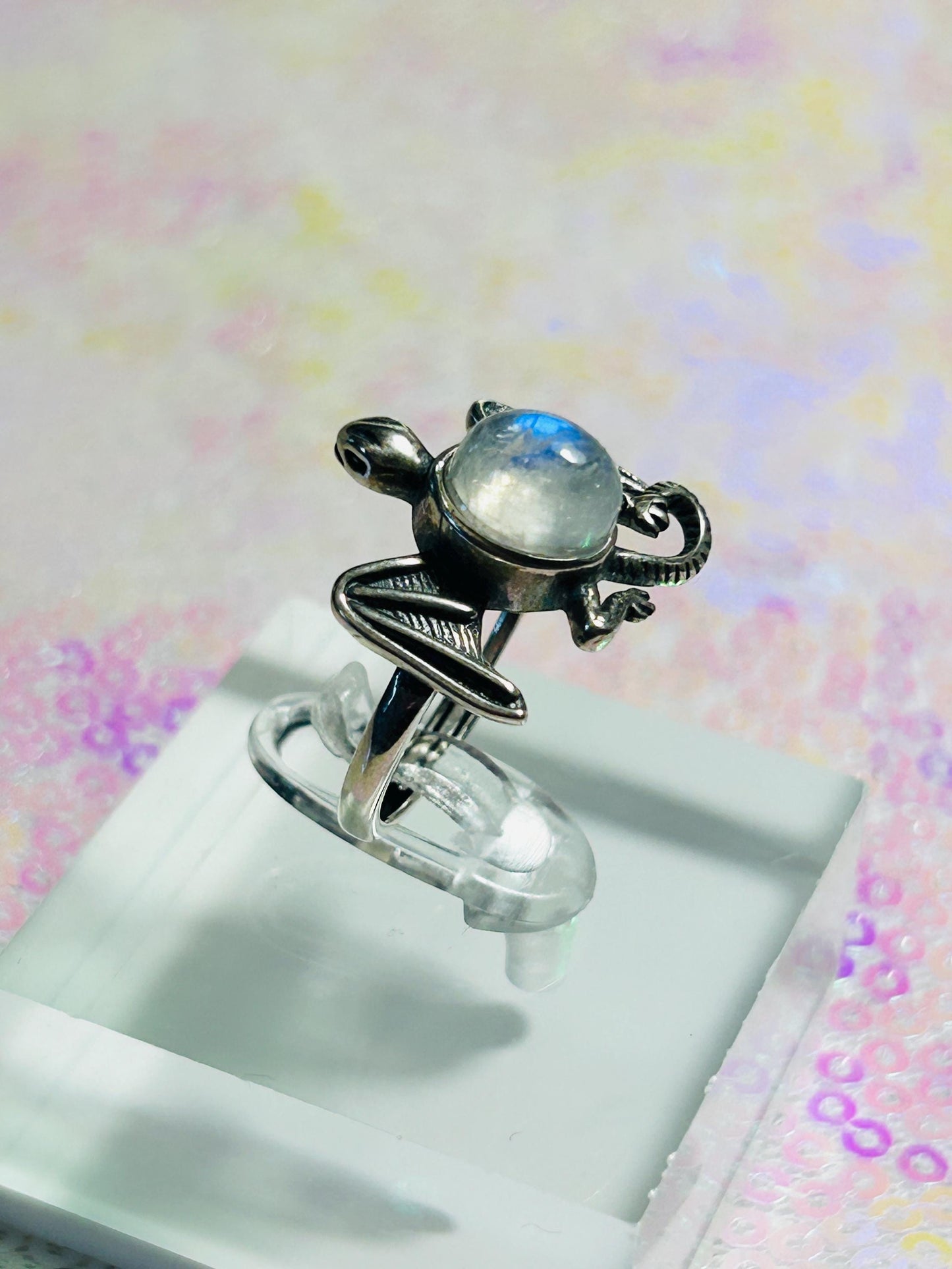 Fantasy Dragon Ring with Rainbow Moonstone Gemstone • 925 Sterling Silver • Adjustable • Gift Box