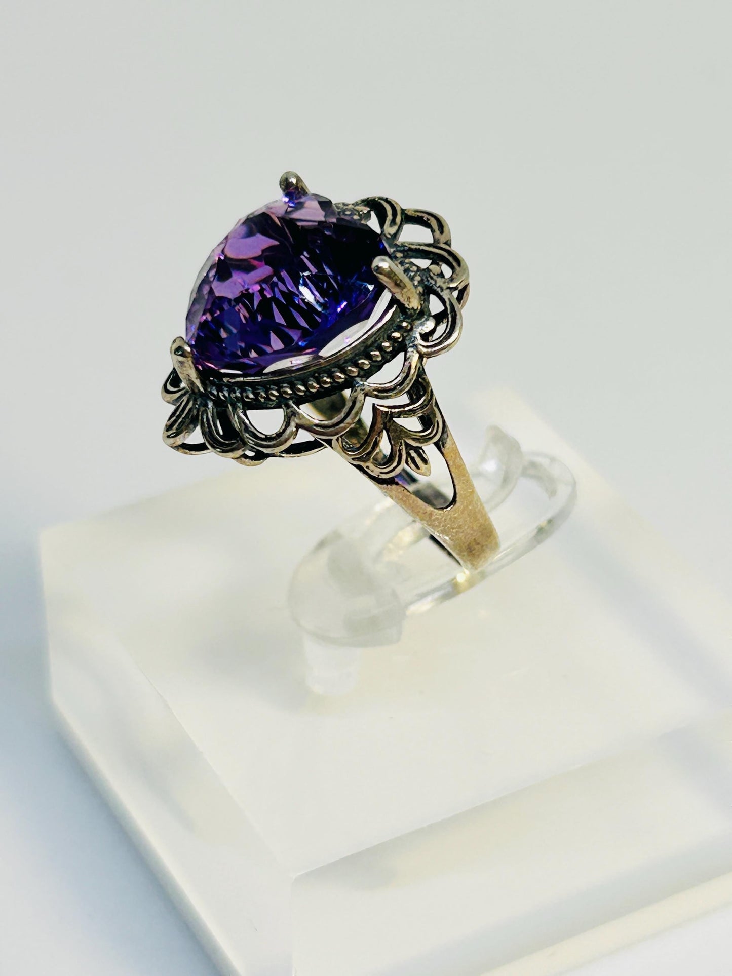 Ornate Heart Ring with Faceted Amethyst Gemstone • 925 Sterling Silver • Adjustable • Gift Box