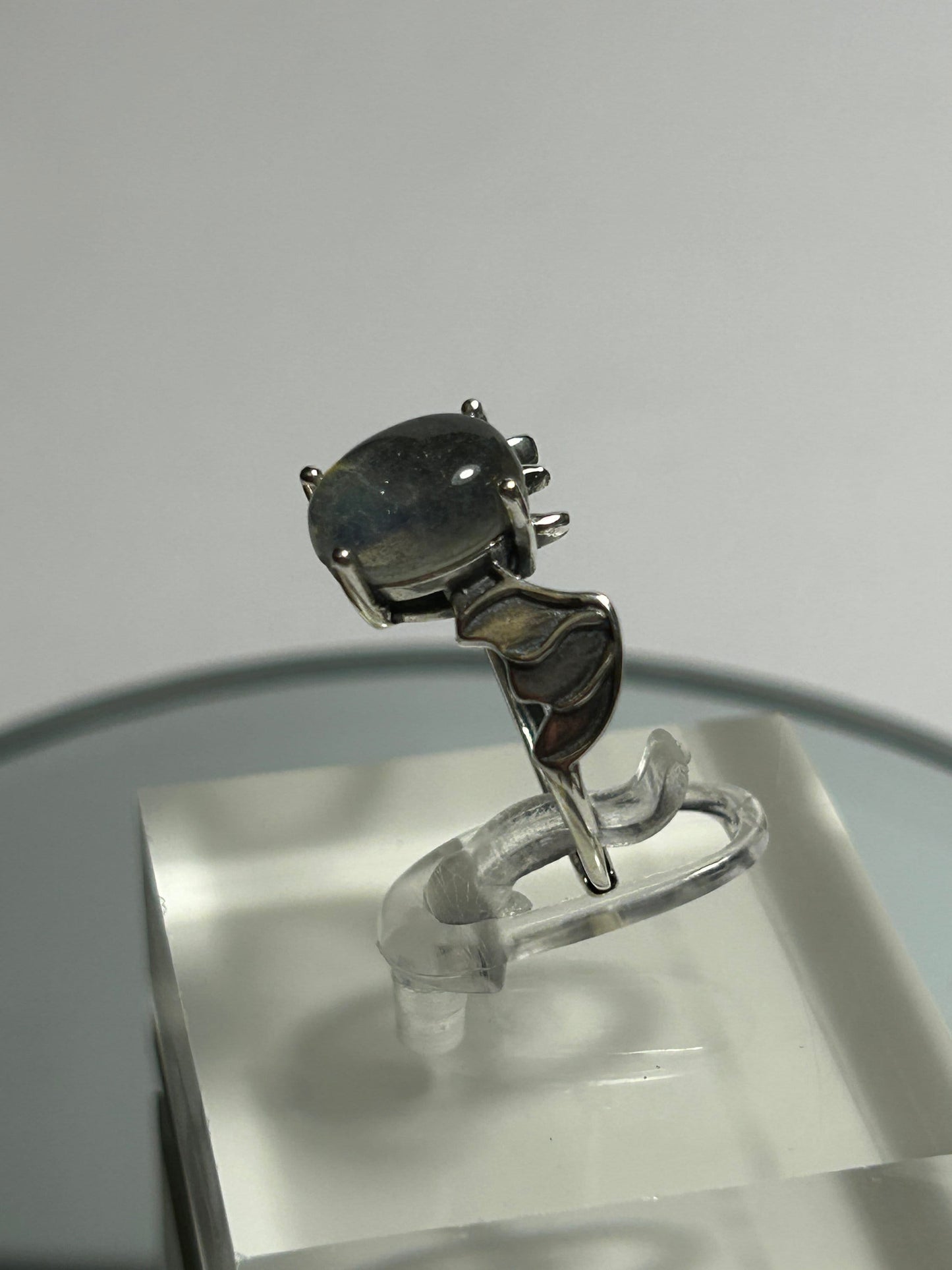 Labradorite Bat Ring: Adjustable 925 Sterling Silver Gemstone - Halloween Theme