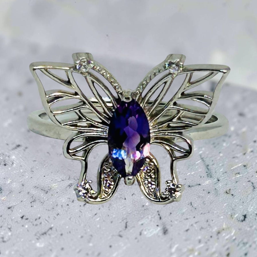 Ornate Butterfly Ring with Faceted Amethyst Gemstone & CZ Accents • 925 Sterling Silver • Adjustable • Gift Box