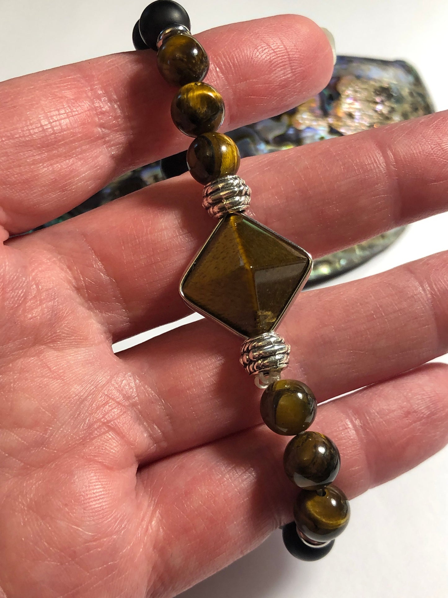 Tigers Eye Pyramid Bracelet: Matte Black Agate & Golden Beads