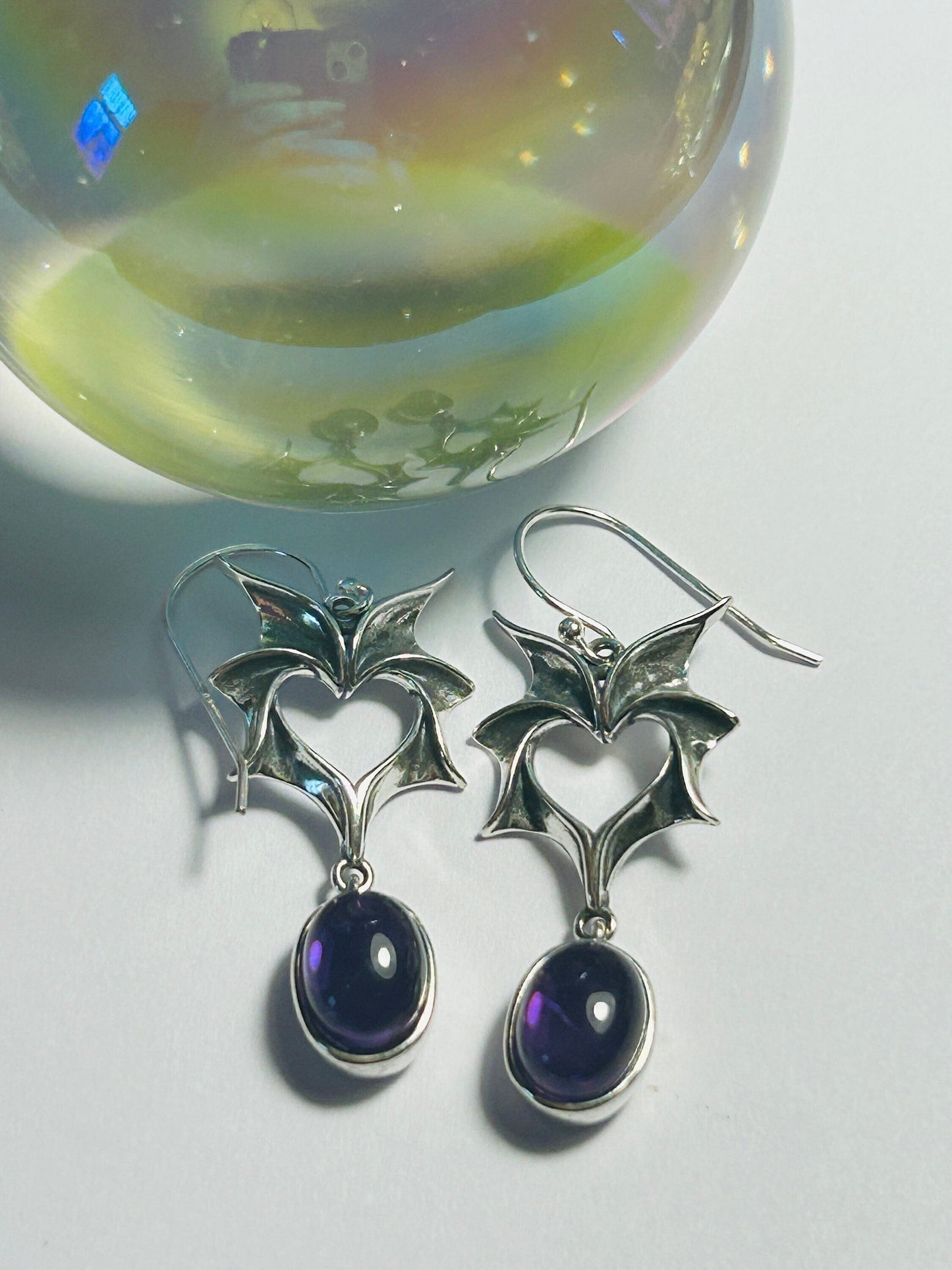 Pair Bat Earrings With Amethyst Gemstone - 925 Silver Dangle Earrings  - Giftboxed