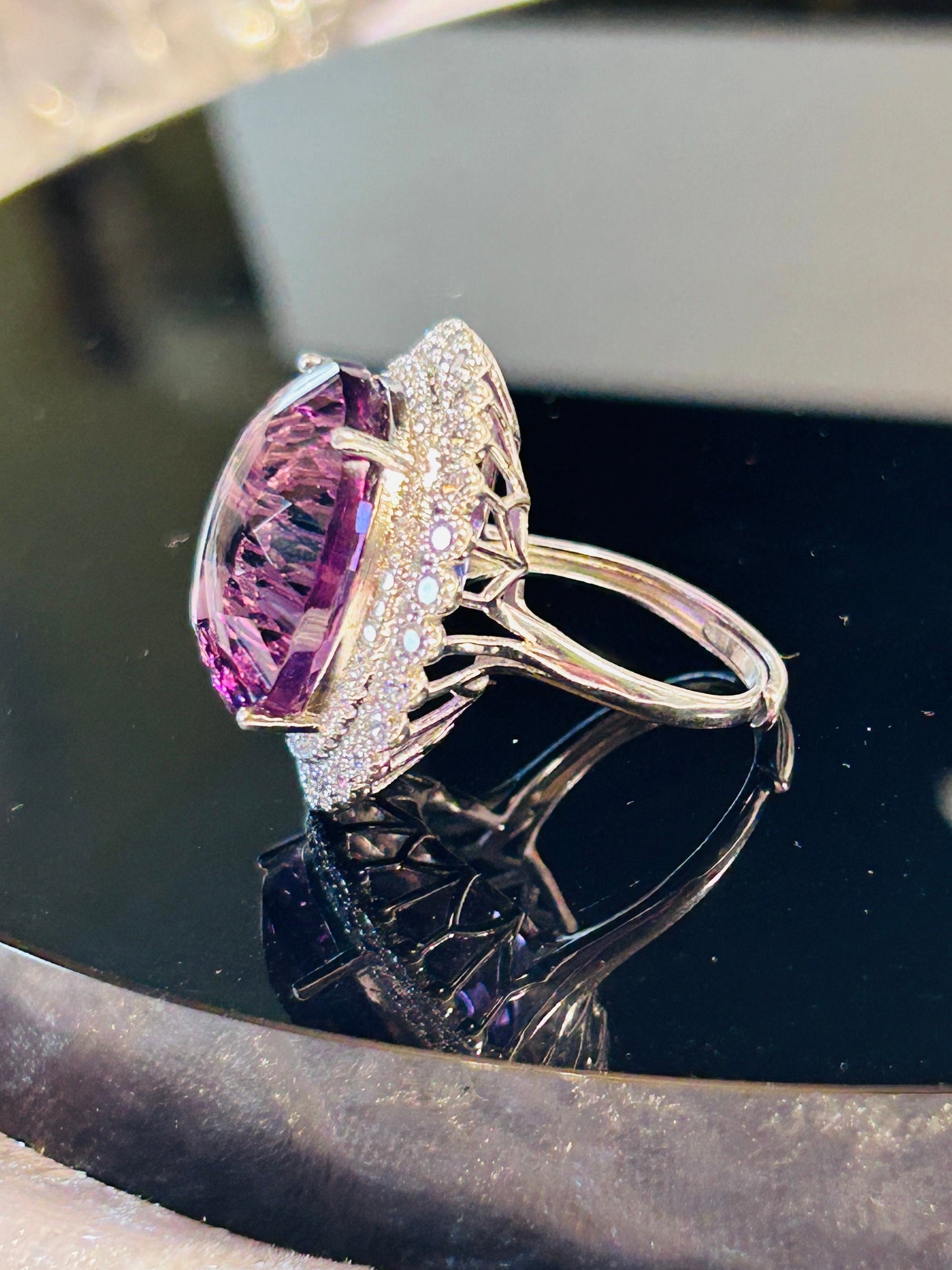Adjustable 925 Silver Amethyst Ring with CZ Surround
