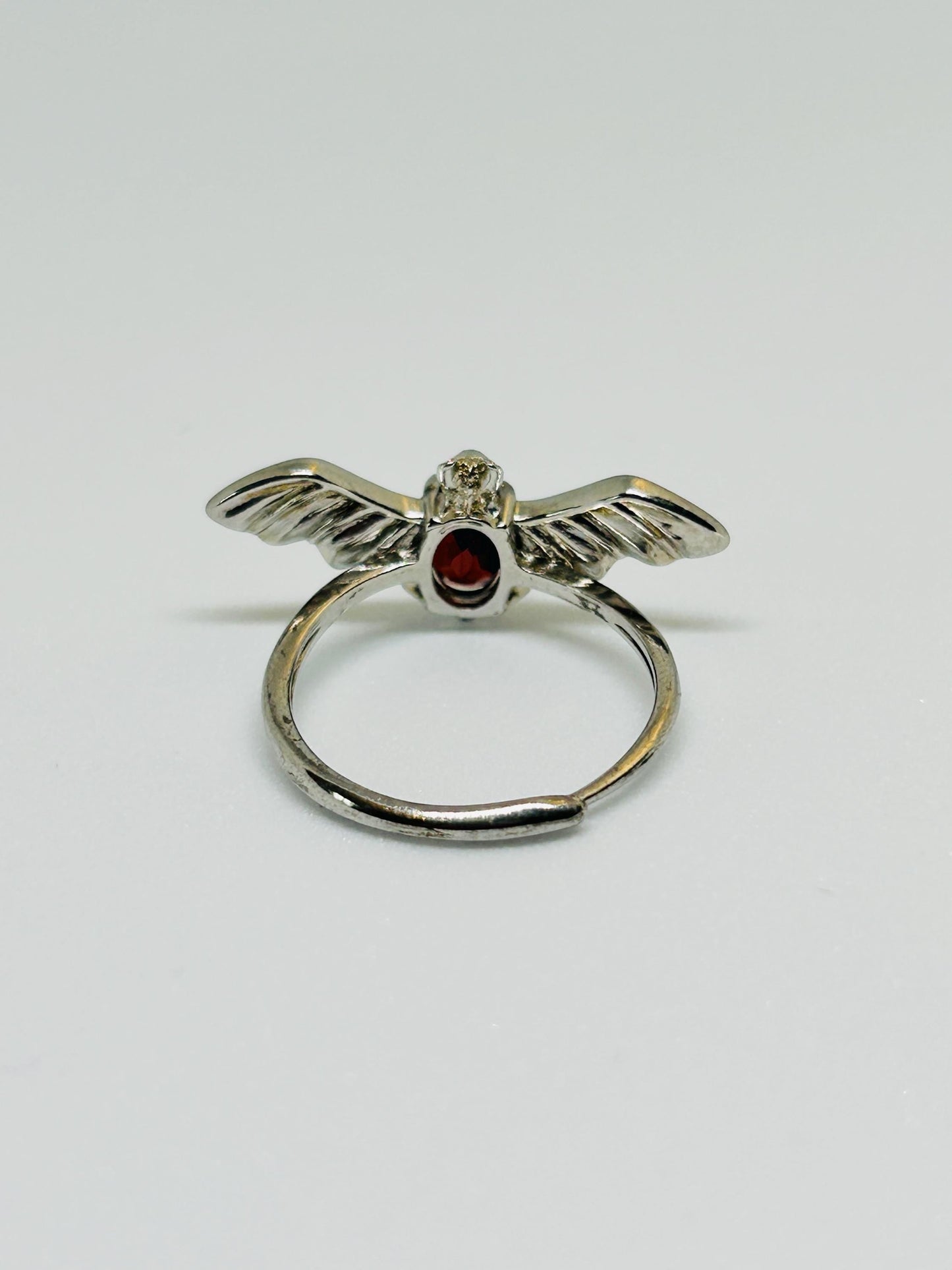 Gothic Bat Ring with Red Garnet Gemstone • 925 Sterling Silver • Adjustable • Gift Box