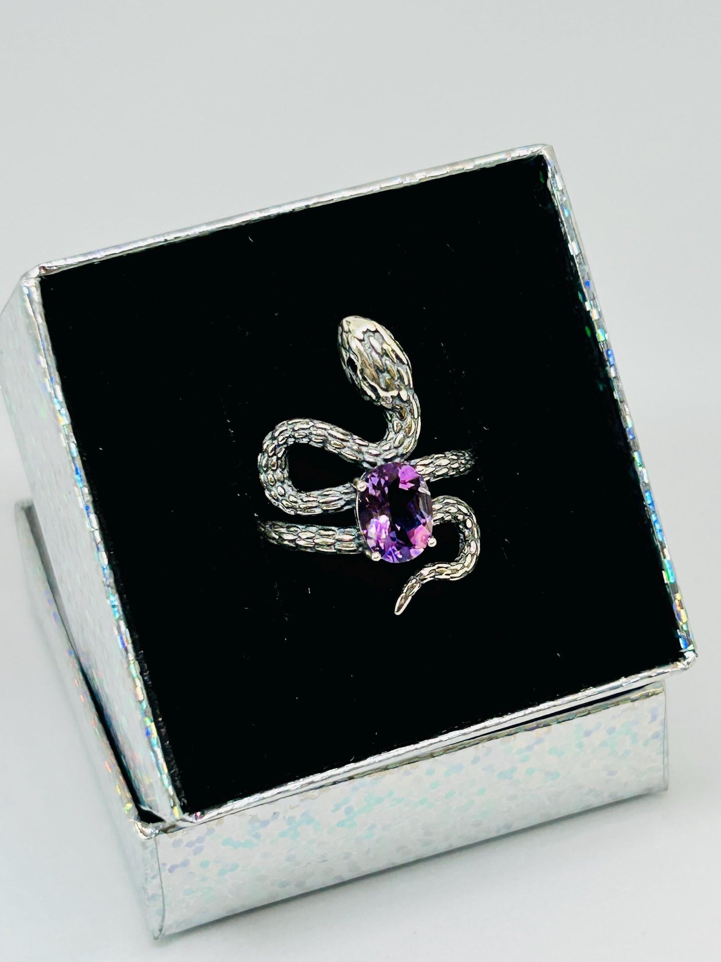 Snake Ring with Amethyst Gemstone • 925 Sterling Silver • Adjustable • Gift Box