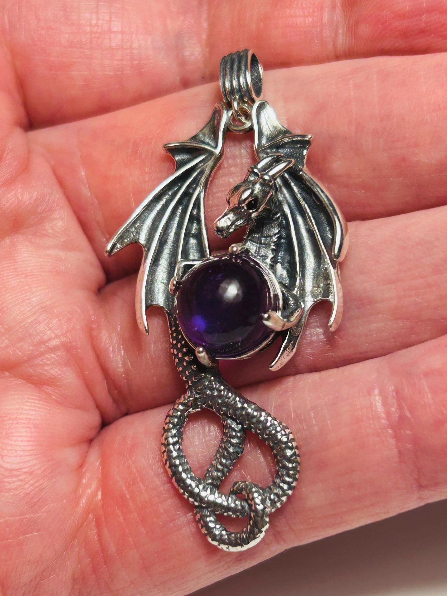 Dragon Pendant with Amethyst Gemstone • 925 Sterling Silver • Gift Box