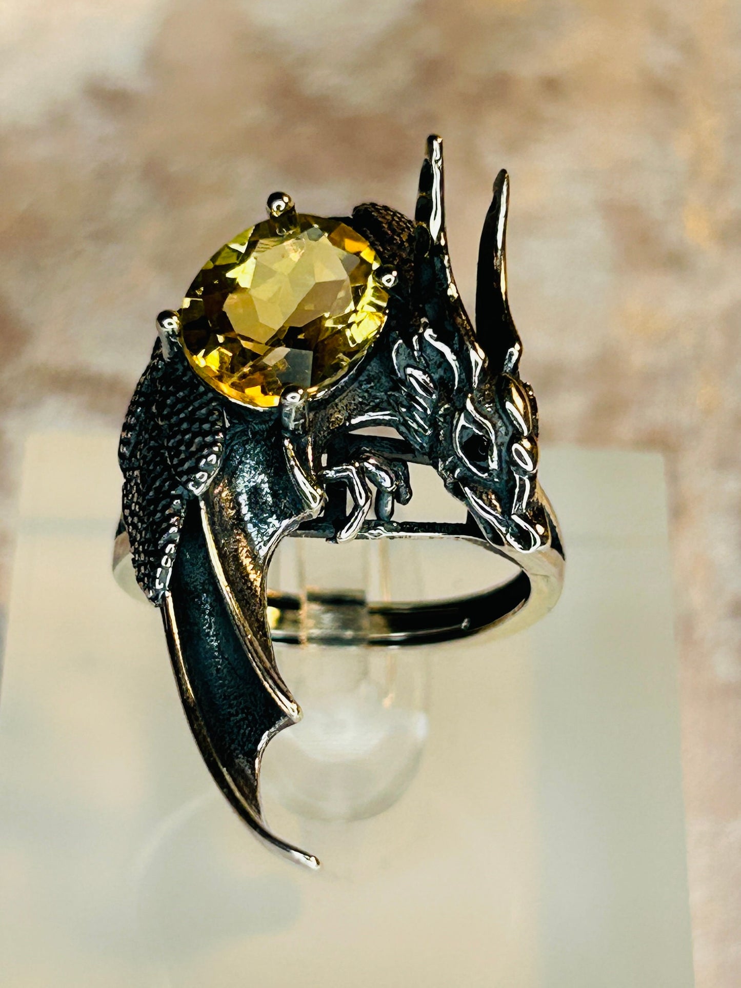 925 Sterling Silver Dragon Ring: Citrine Gemstone, Adjustable Band