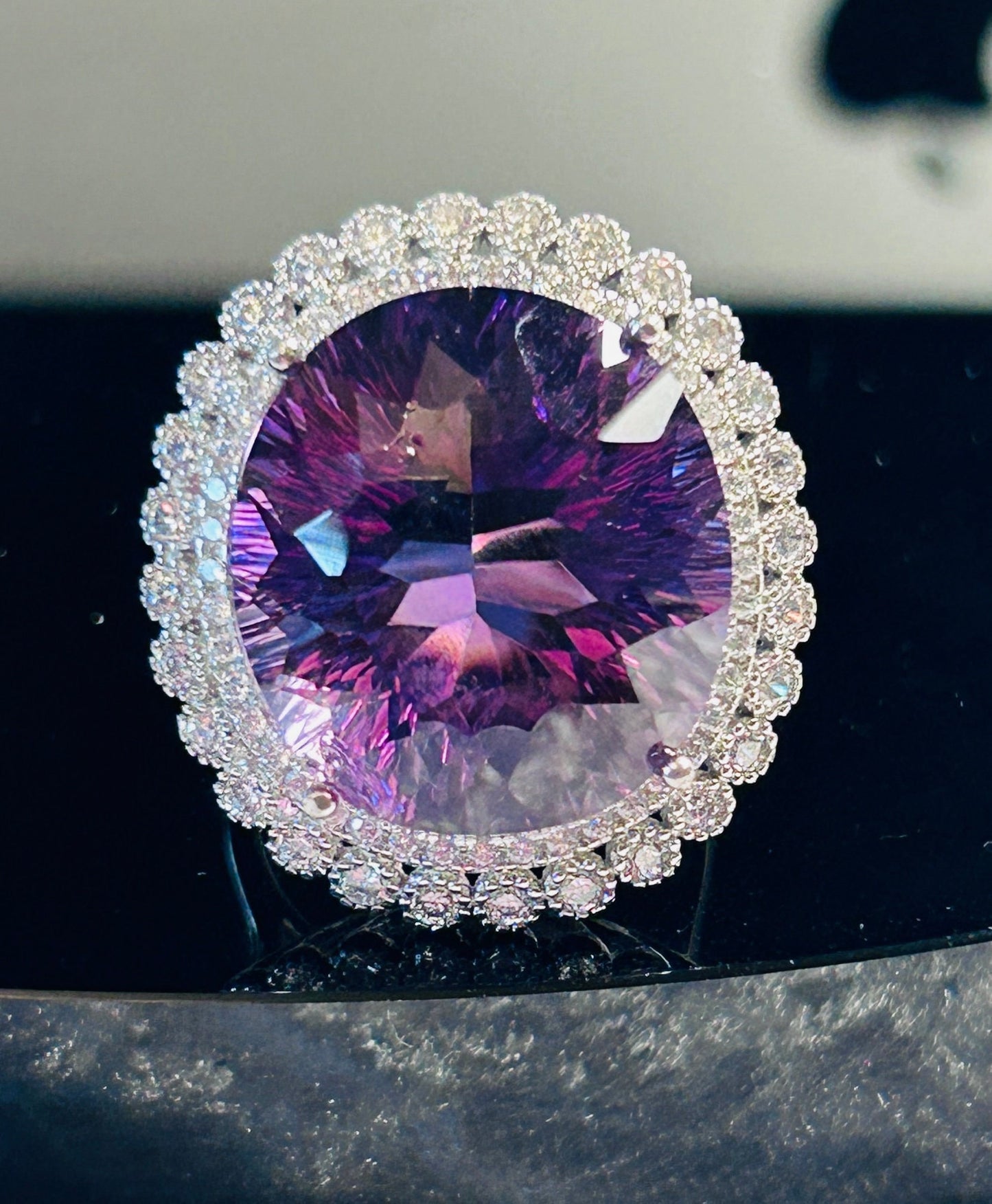 Adjustable 925 Silver Amethyst Ring with CZ Surround