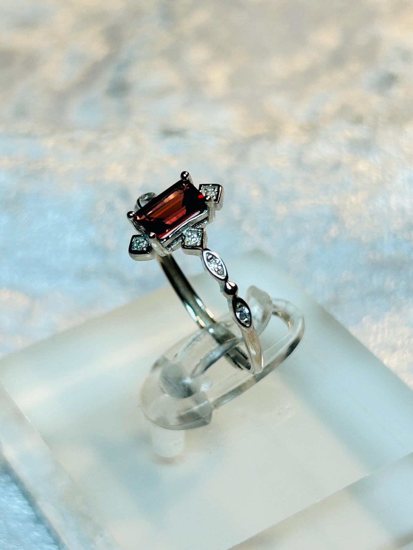 Ornate Garnet Ring with CZ Accents • 925 Sterling Silver • Adjustable • Gift Box