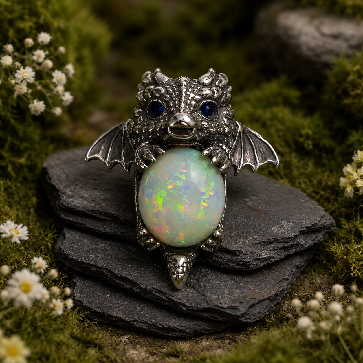 Baby Dragon Pendant with Opal Gemstone • 925 Sterling Silver • with Gift box