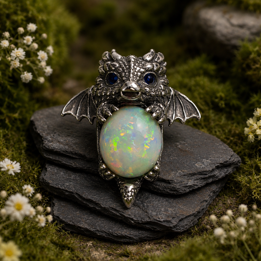 Baby Dragon Pendant with Opal Gemstone • 925 Sterling Silver • with Gift box