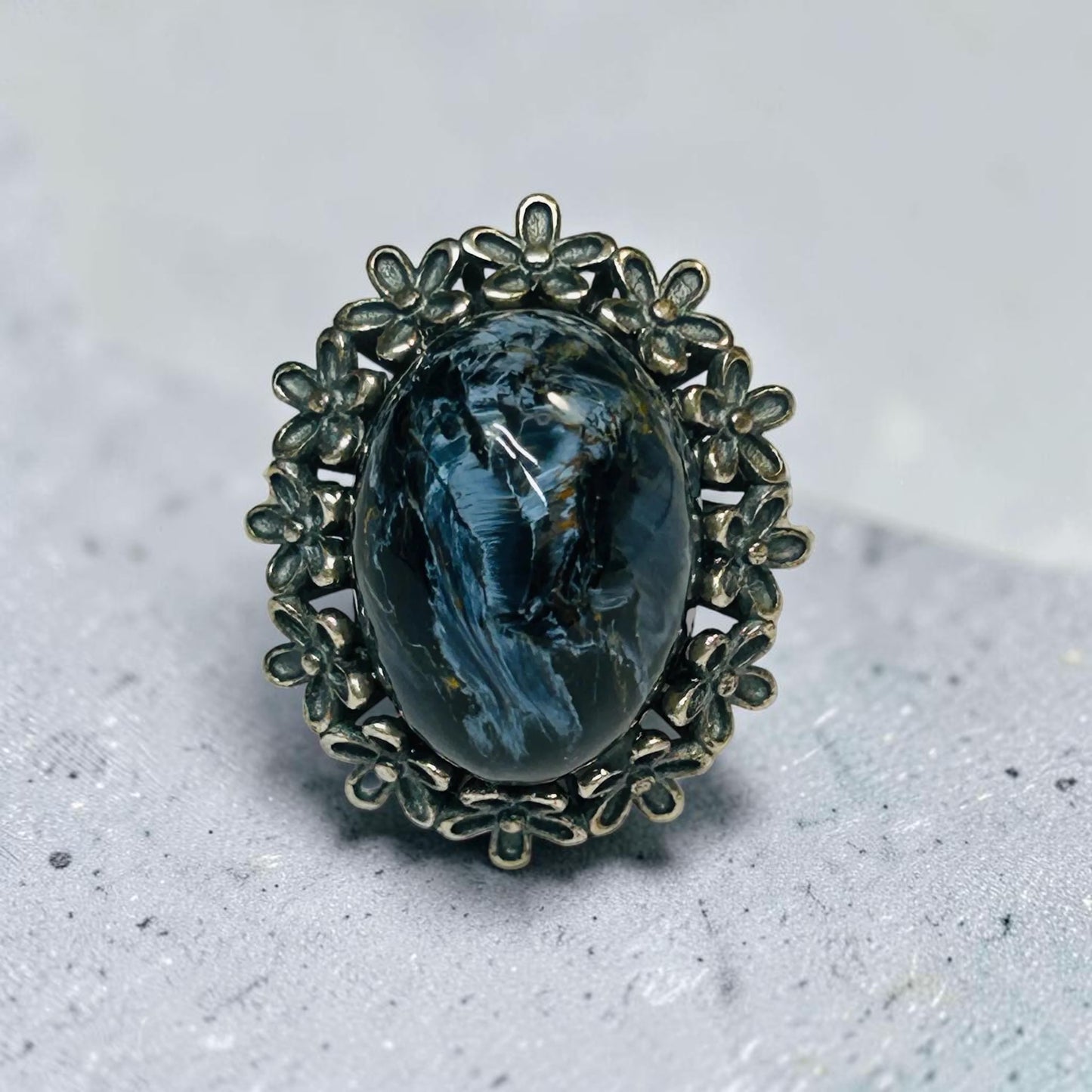 Pietersite Ring - 925 Sterling Silver - Oxidised Floral Design - Adjustable - With Gift Box