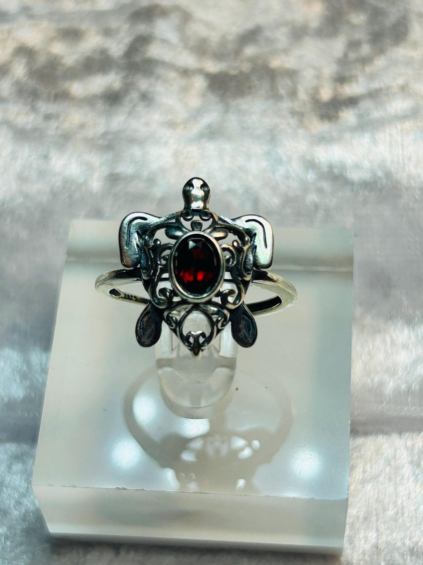 Turtle Ring with Garnet Gemstone • 925 Sterling Silver• Adjustable • Gift Box
