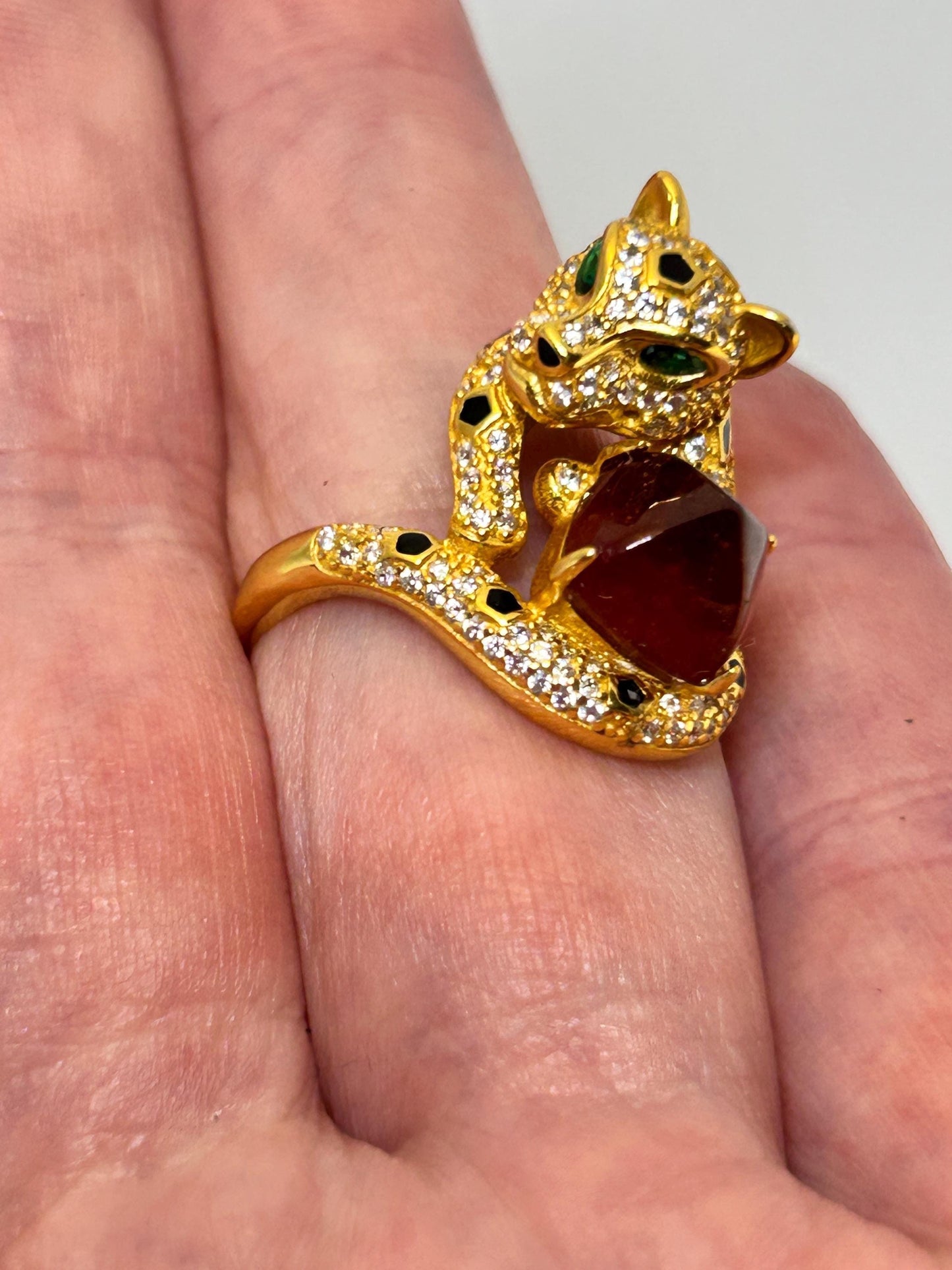 Gold Plated Silver Leopard Ring with Orange Garnet Gemstone • 925 Sterling Silver • Adjustable • Gift Box