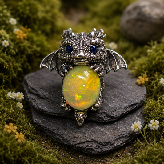 Baby Dragon Pendant with Opal Gemstone • 925 Sterling Silver • with Gift box