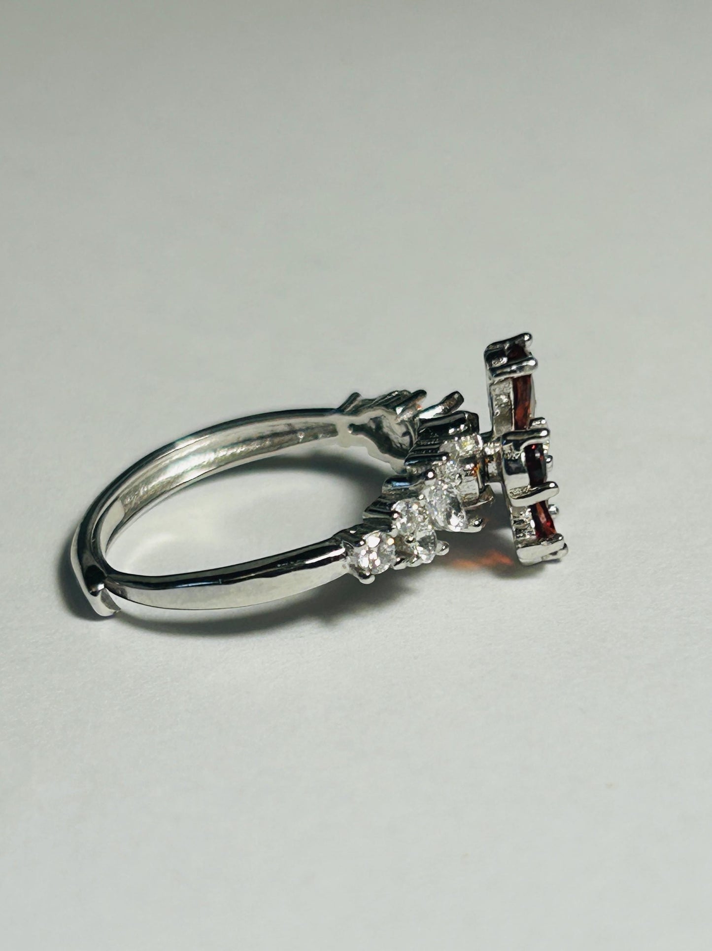 Floral Fidget Spinner Ring with Garnet Gemstone • 925 Sterling Silver • Adjustable • Gift box