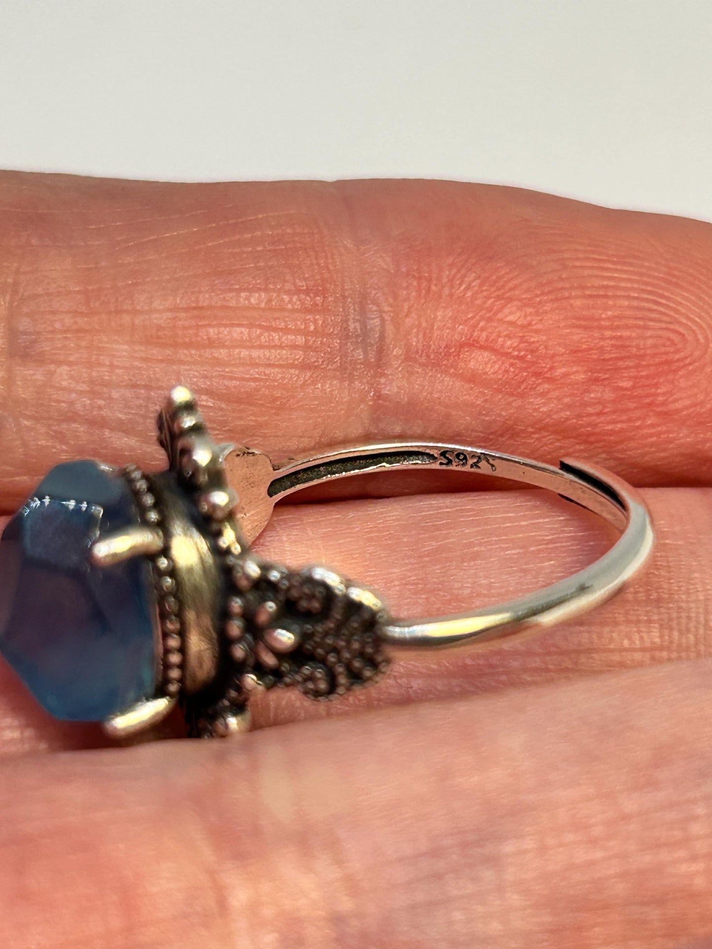 Fleur De Lys Ring with Aquamarine Gemstone • 925 Sterling Silver • Adjustable • Gift Box