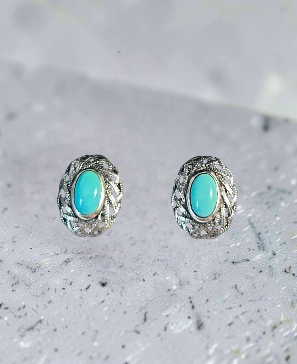 Celtic Pattern Earrings with Turquoise Gemstone • 925 Sterling Silver • Gift Box