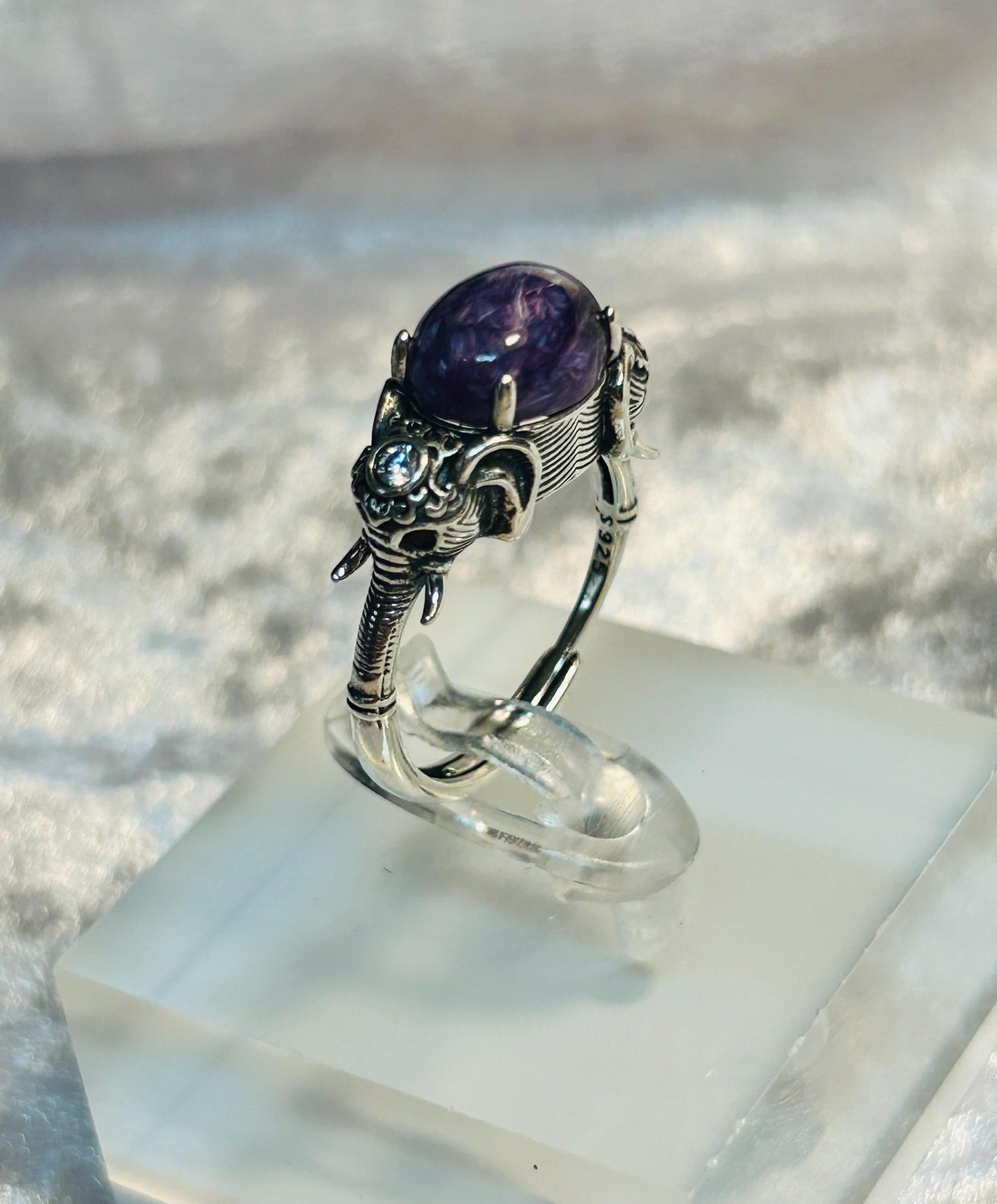 Elephant Ring with Charoite Gemstone • 925 Sterling Silver • Adjustable • Gift Box