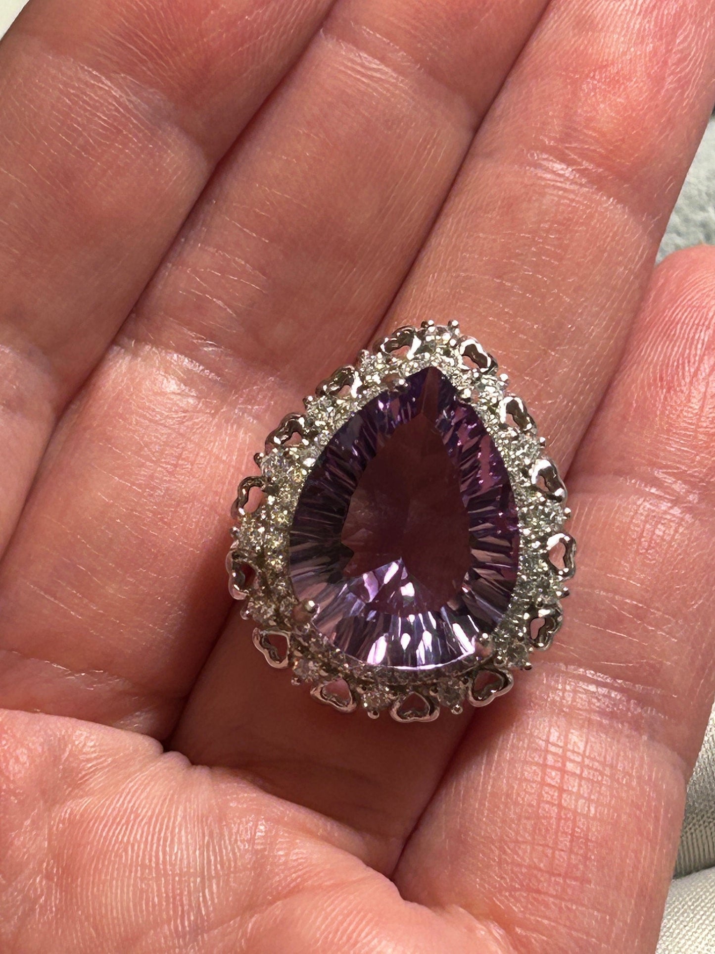 Huge Amethyst Teardrop Ring with CZ Accents • 925 Sterling Silver • Adjustable • Gift Box