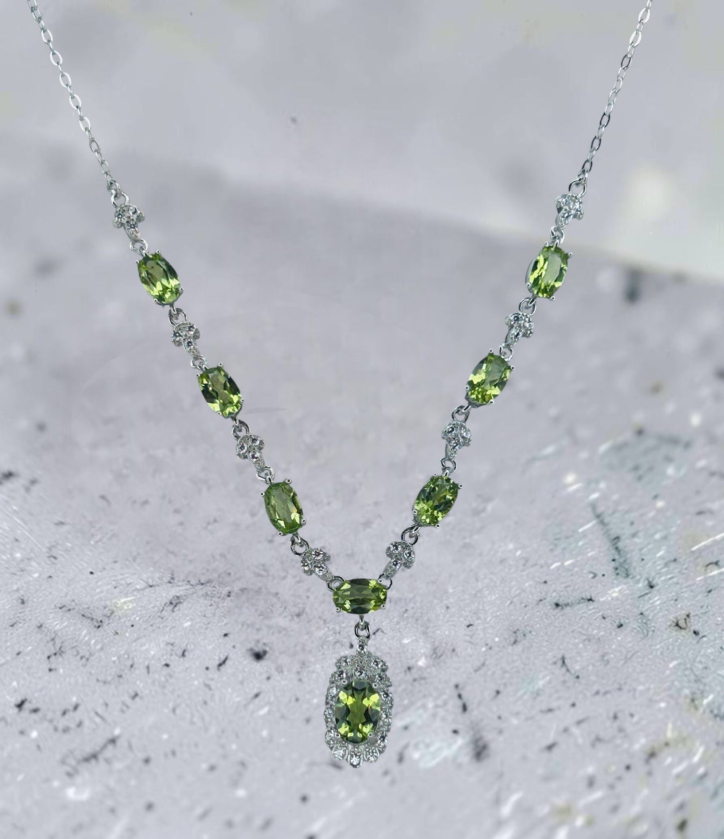 Floral Theme Necklace with Peridot Gemstones & CZ Combination • 925 Sterling Silver • Gift Box