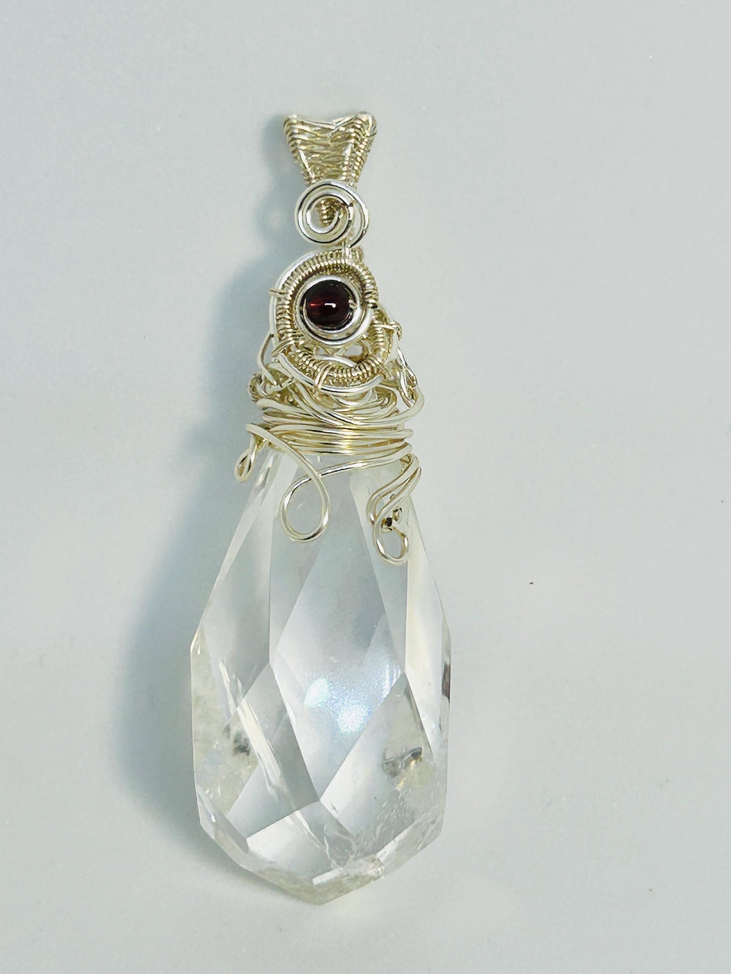 Faceted Clear Quartz Pendant with Garnet Bead • Wire Wrapped Teardrop • Gift Bag