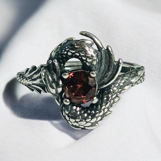 Dragon Ring With Garnet Gemstone: 925 Sterling Silver, Adjustable Size Q