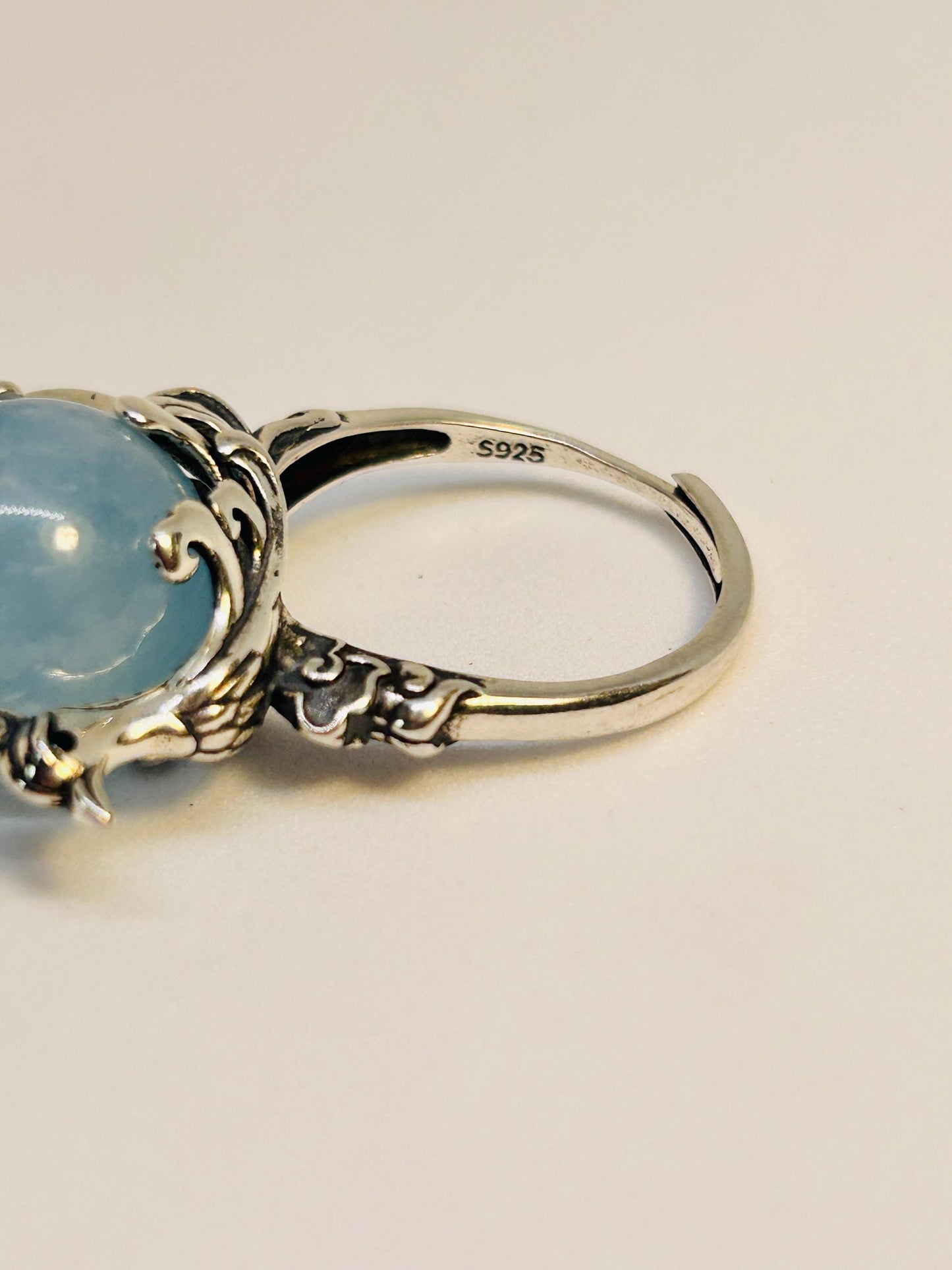 Large Phoenix Ring with Aquamarine Sphere Gemstone • 925 Sterling Silver • Adjustable • Gift Box