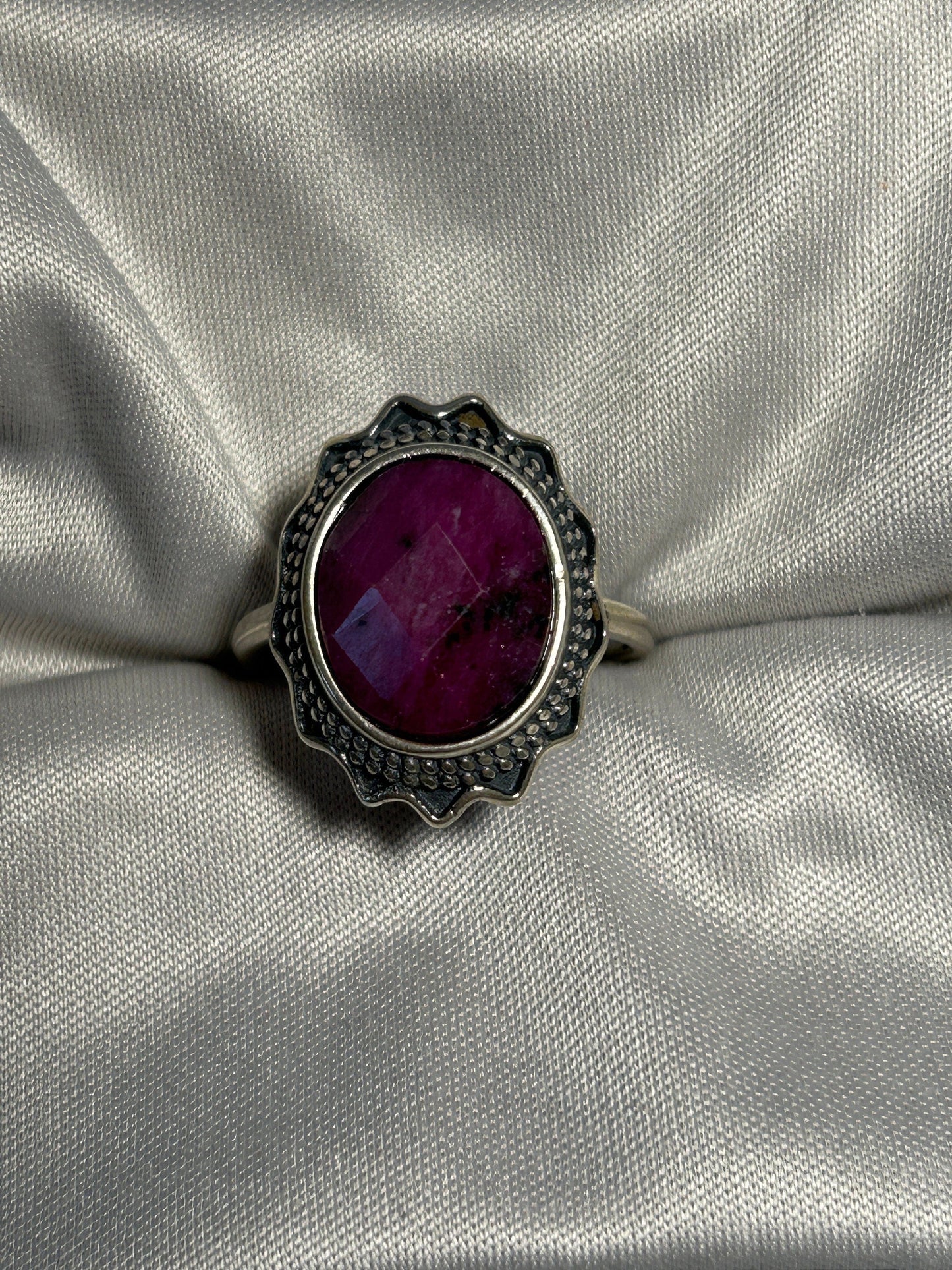 Oval Faceted Ruby Ring • 925 Sterling Silver • Adjustable • Gift Box