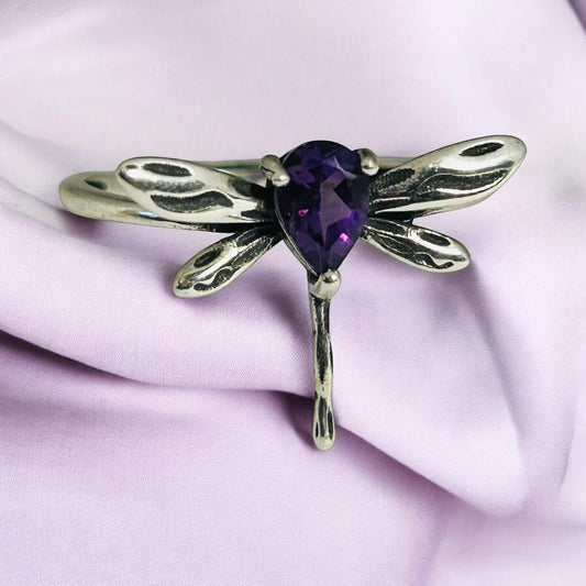 Sterling Silver Amethyst Ring - Dragonfly Design - 925 - Adjustable - Gift Boxed