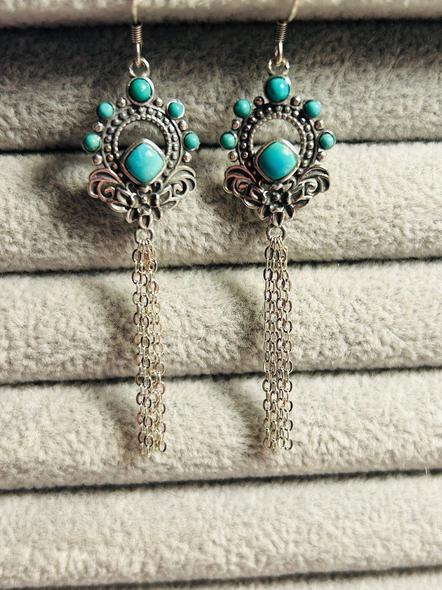 Ornate Dropper Earrings with Turquoise Gemstones • 925 Sterling Silver • Gift Box