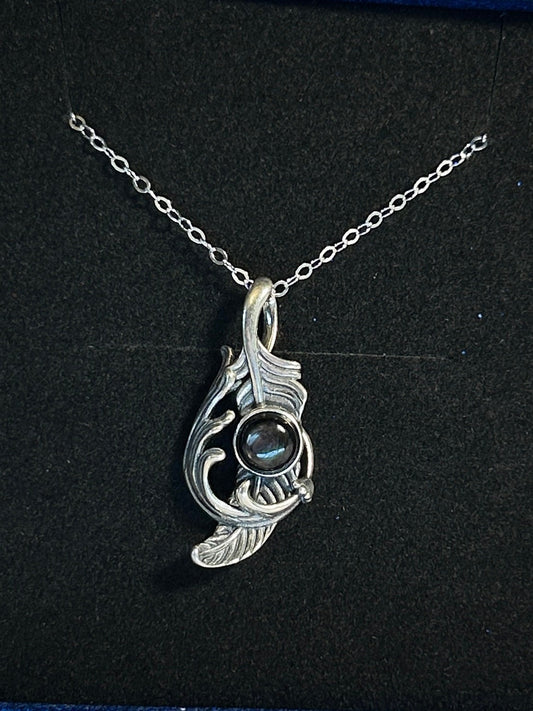 925 Silver Feather Pendant with Hypersthene Gemstone - Gift Boxed